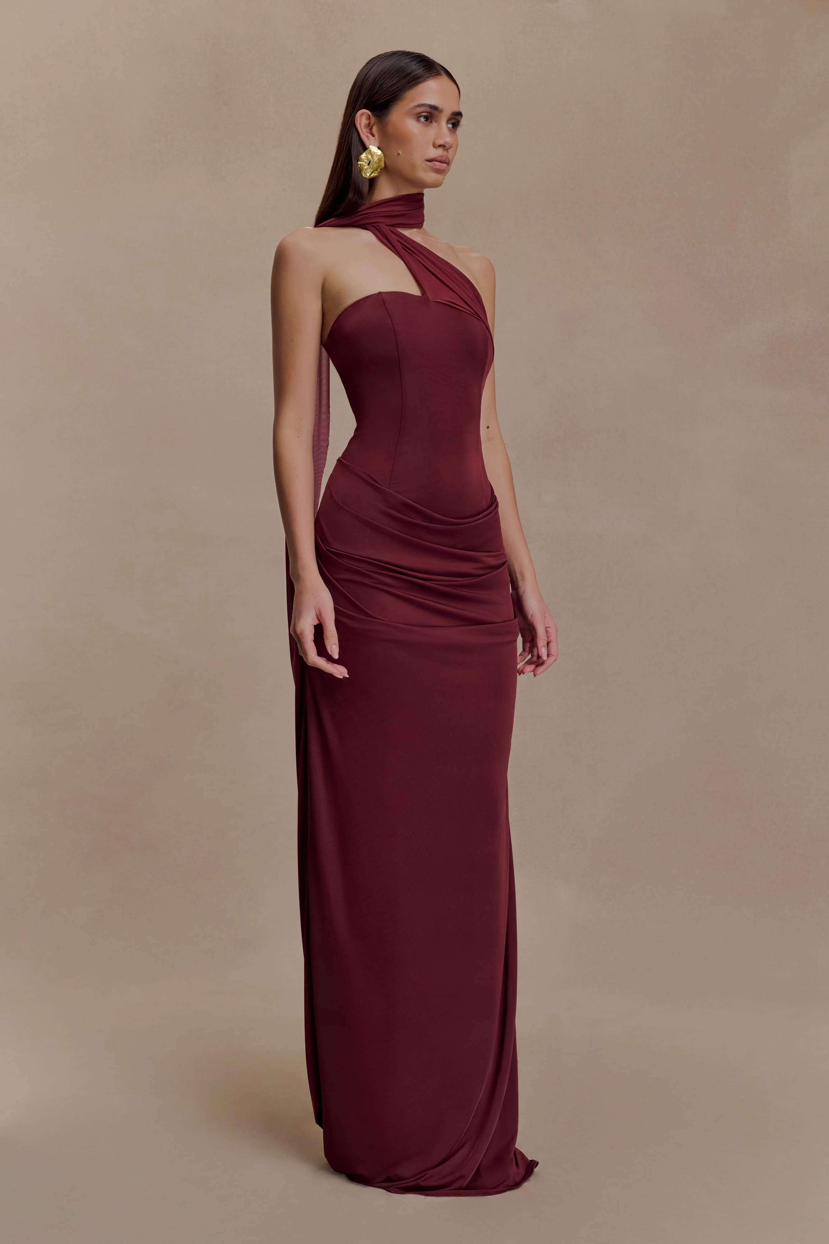 Mattea Slinky And Mesh Maxi Dress With Scarf - Burgundy - Image 3