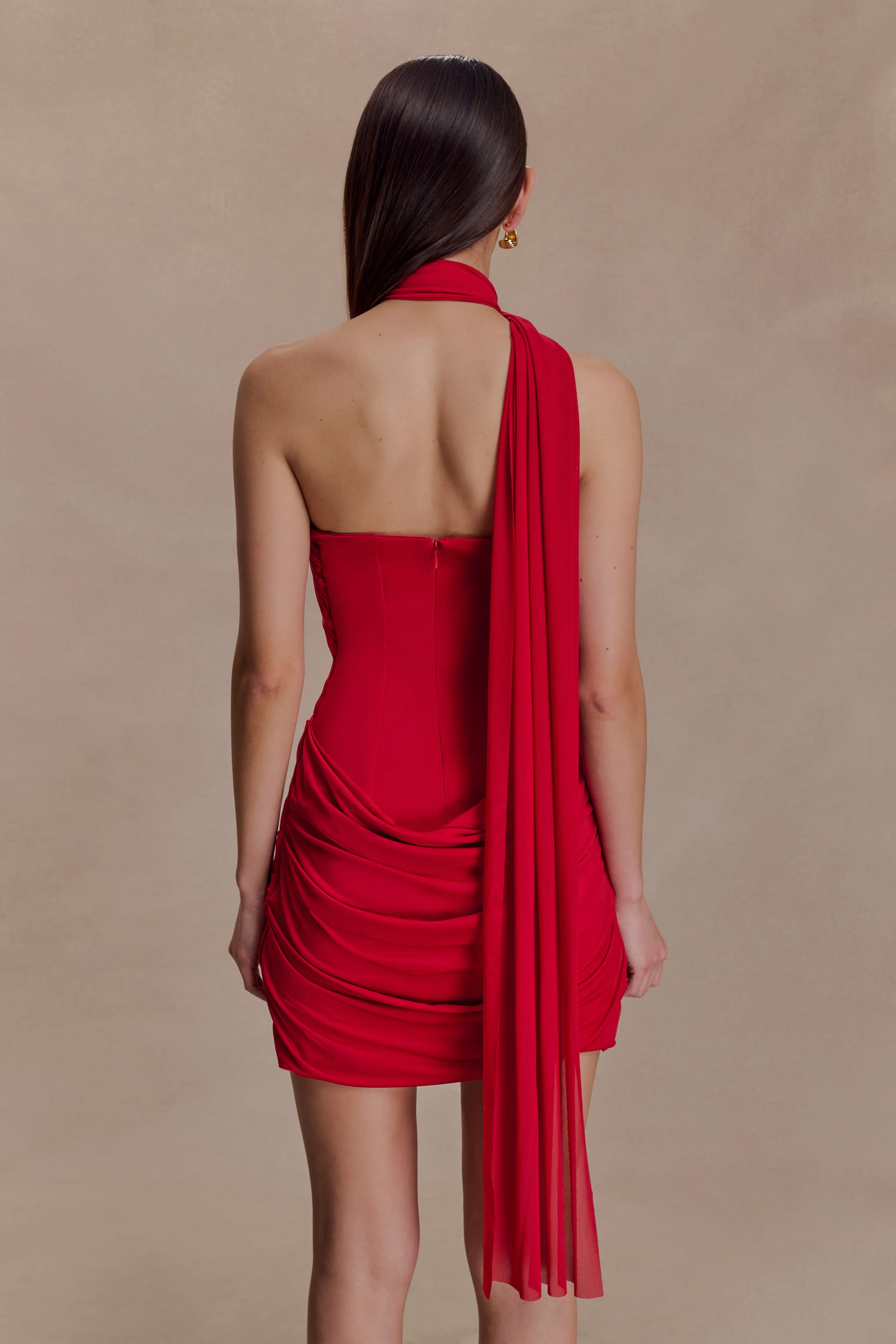 Mattea Slinky And Mesh Mini Dress With Scarf - Red - Image 2