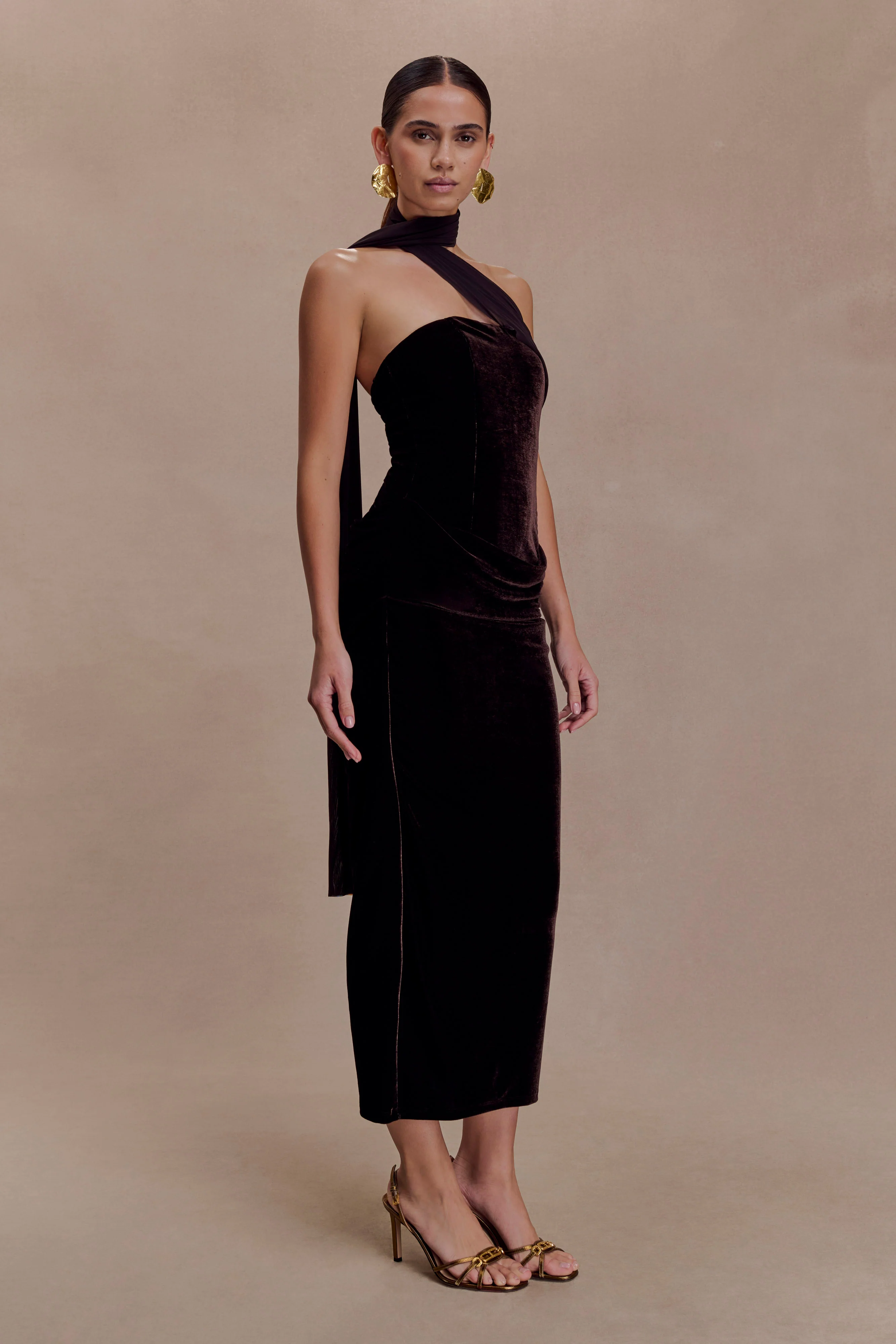 Mattea Velvet Midi Dress With Scarf - Chocolate - Image 3
