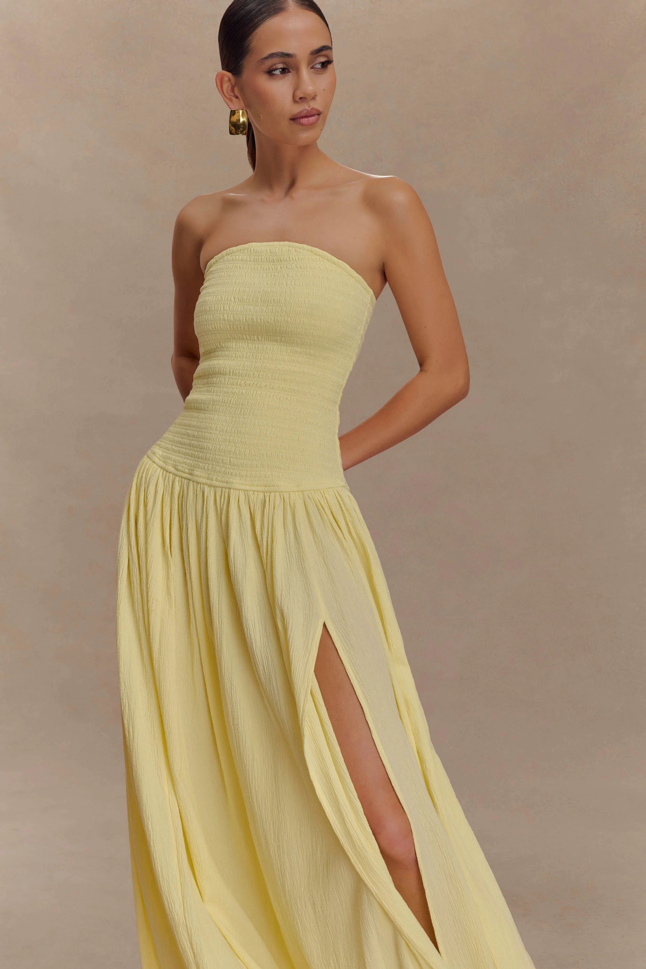 Maureen Cotton Shirring Maxi Dress - Lemon - Image 3