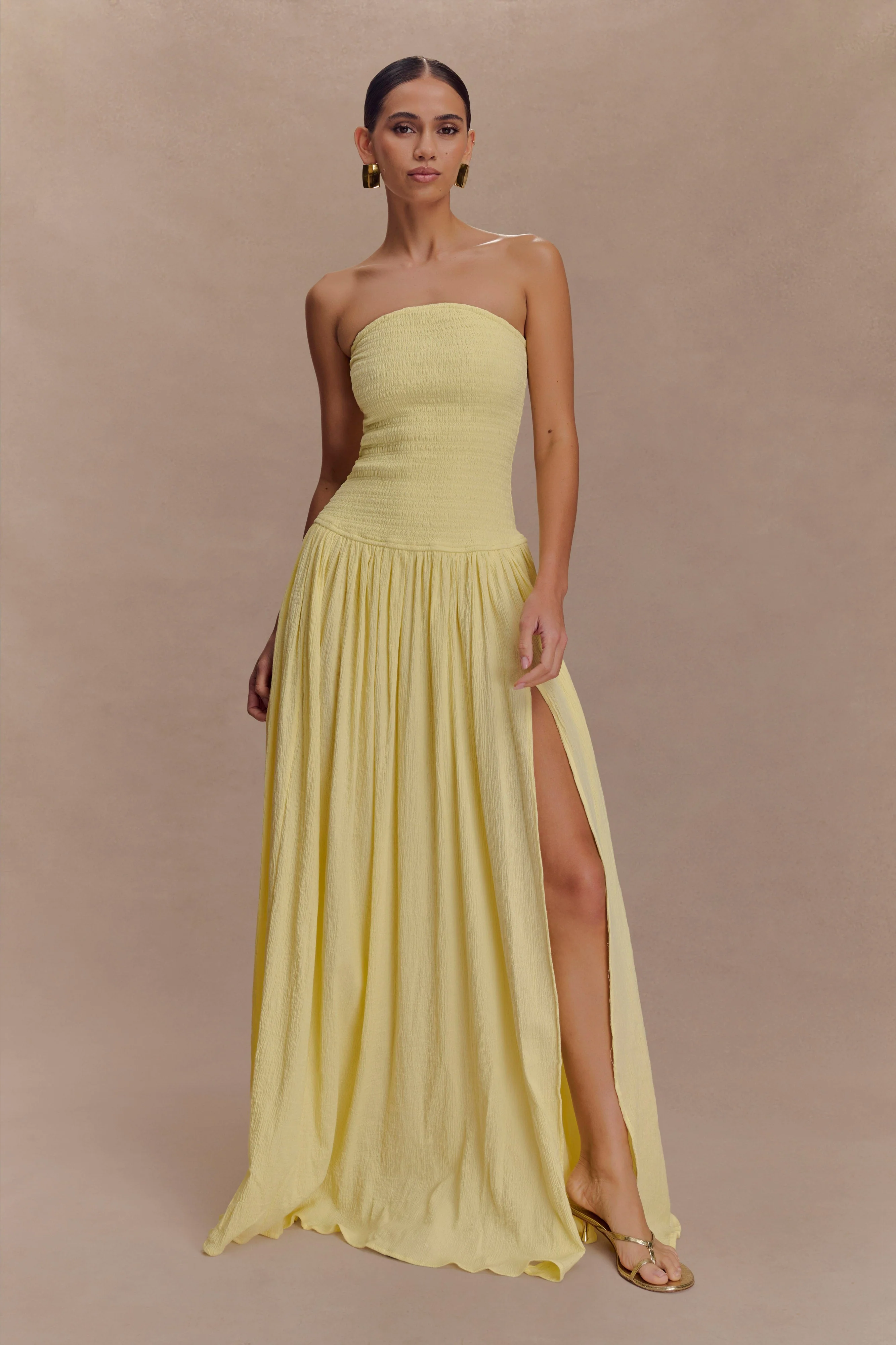 Maureen Cotton Shirring Maxi Dress - Lemon - Image 4