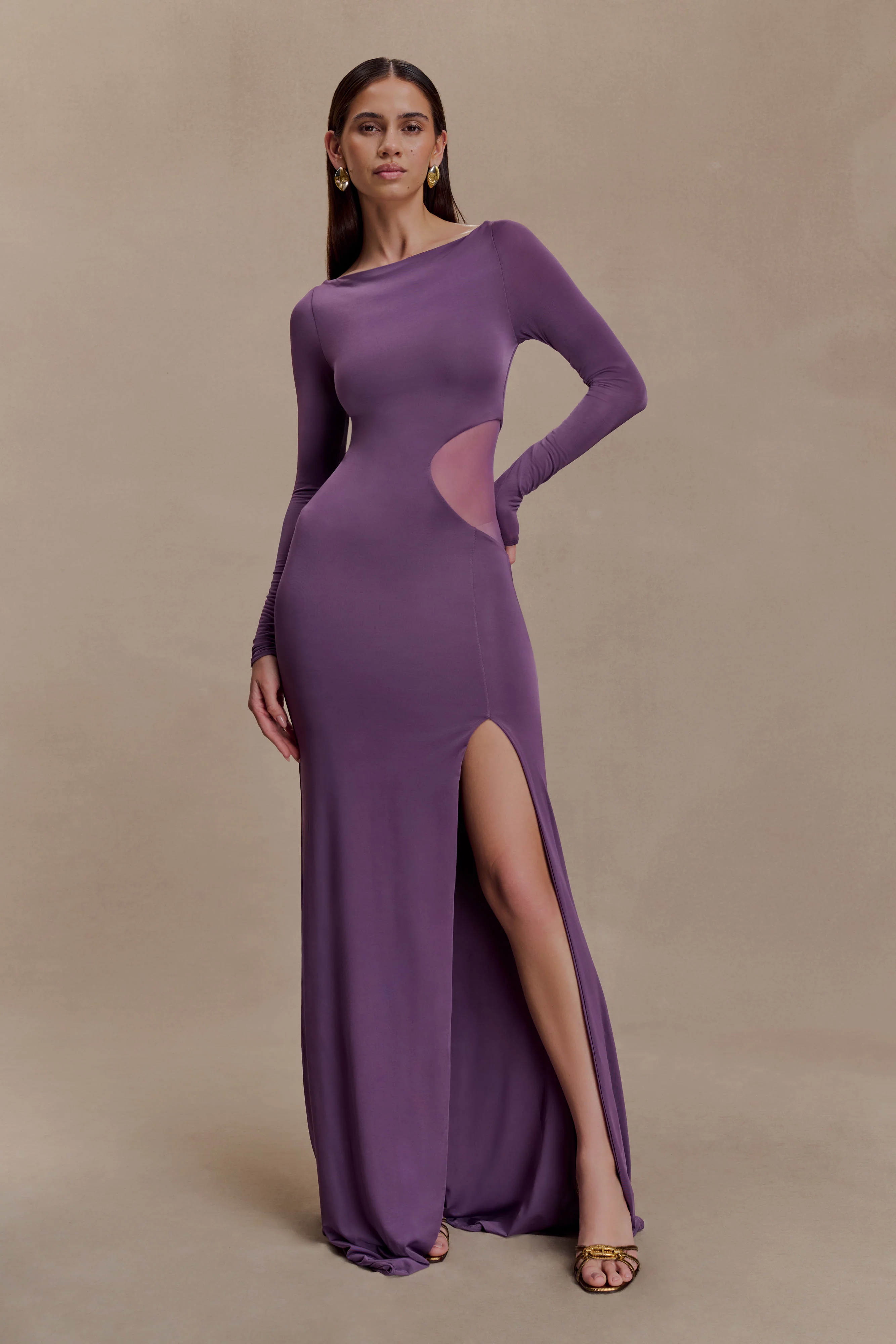 Megan Slinky And Mesh Maxi Dress - Purple - Image 5
