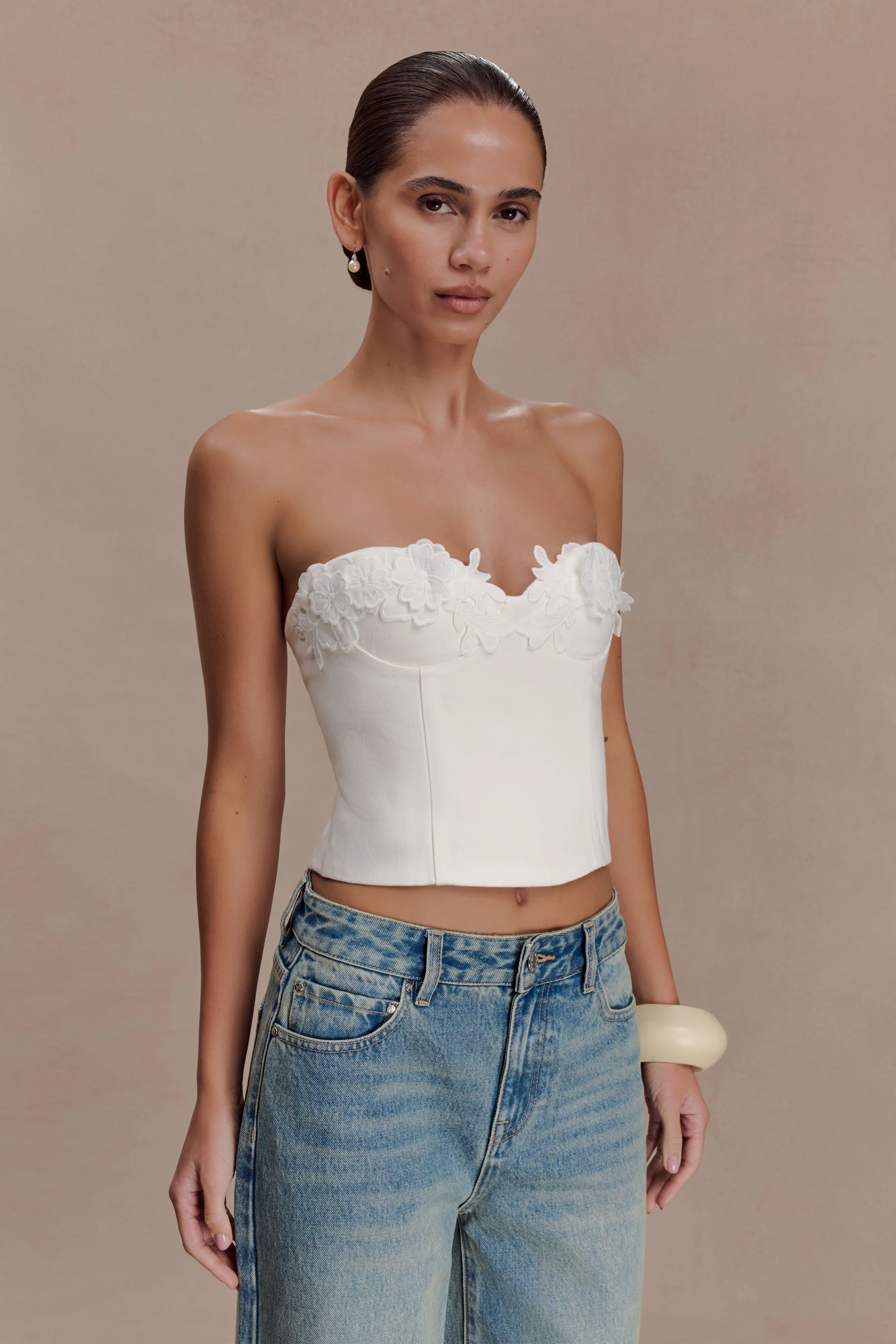Melany Applique Denim Bustier - White - Image 3