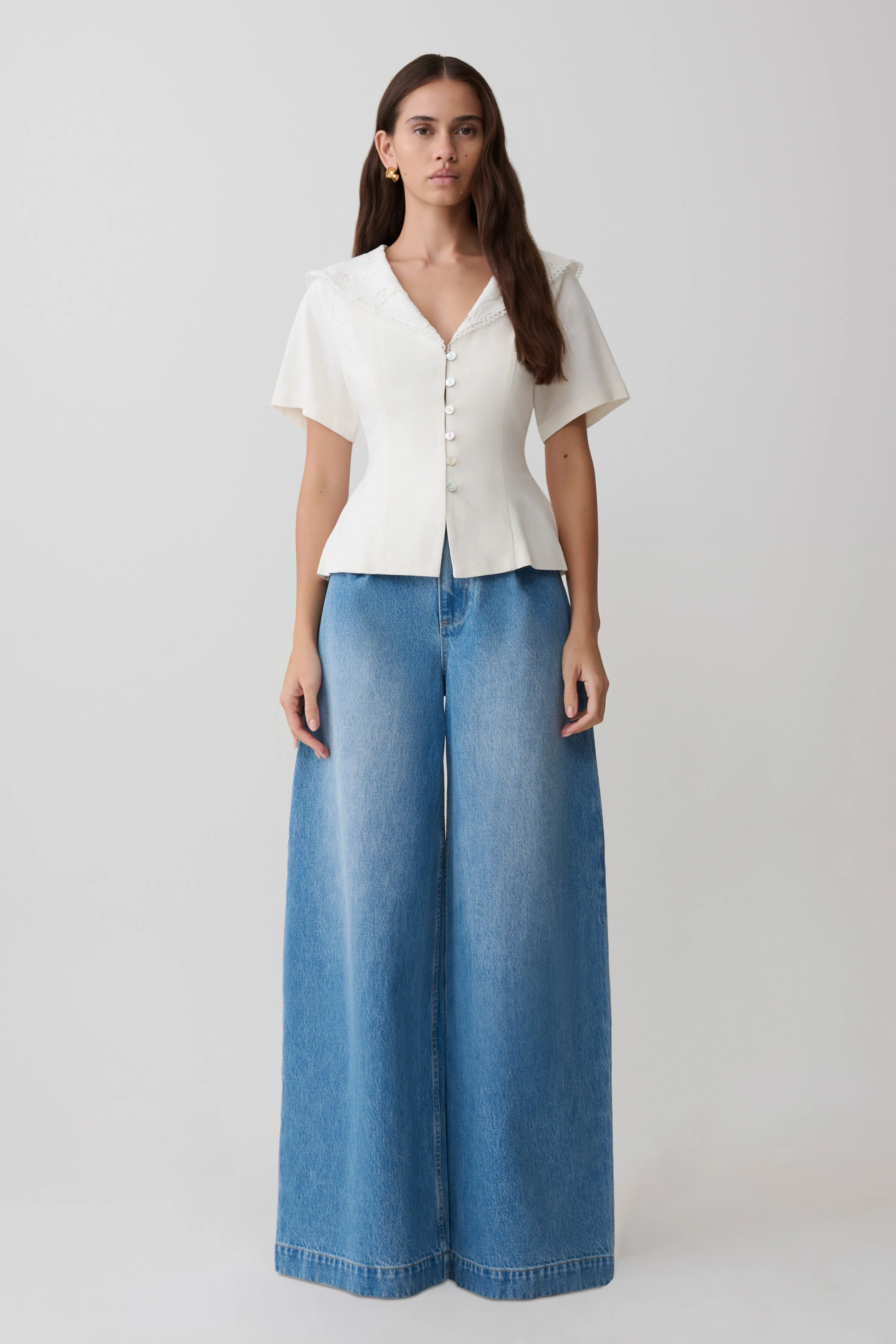 Melody Short Sleeve Shirt With Lace Collar - White - Image 7