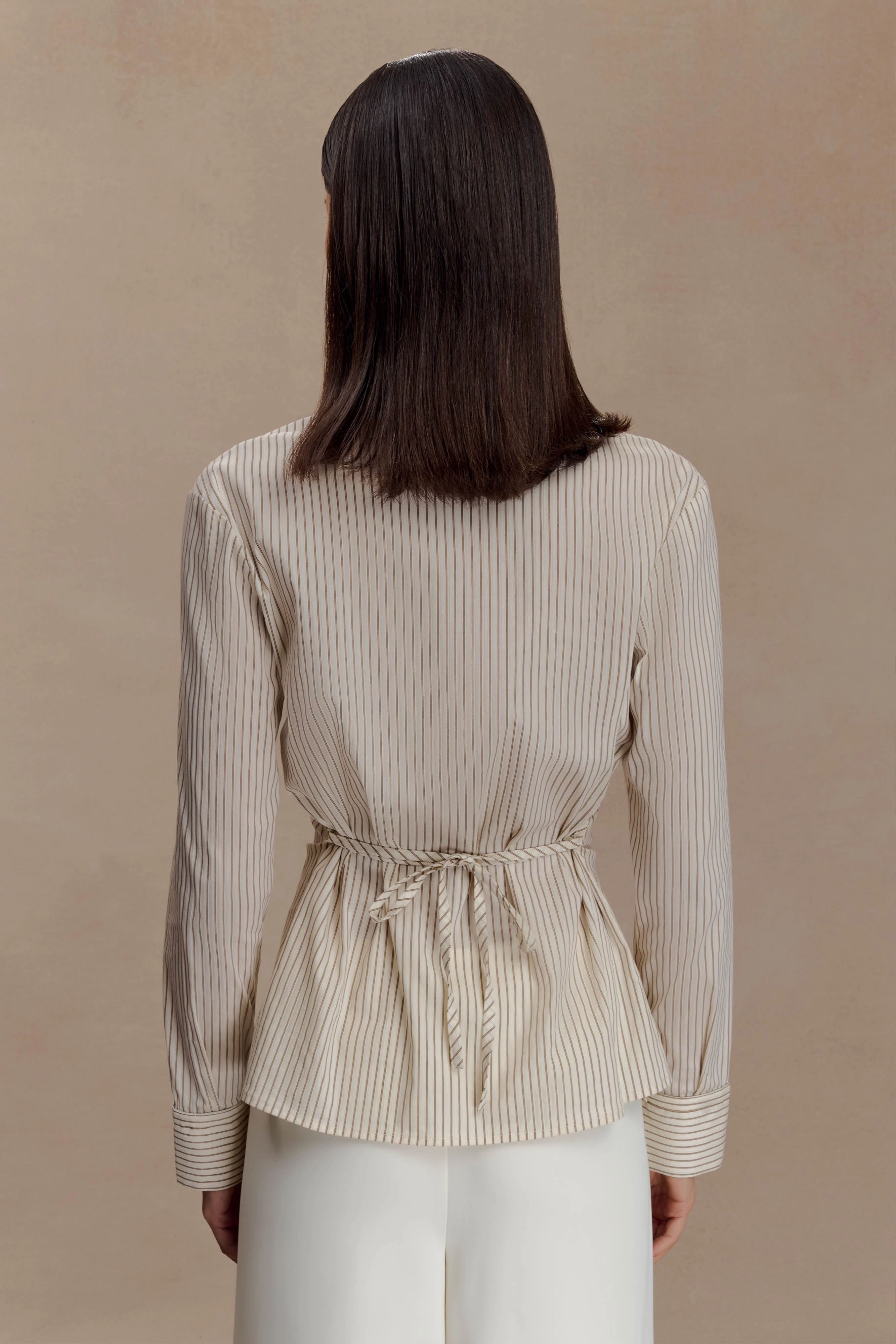 Millie Tie Back Cotton Shirt - Beige Pinstripe - Image 2