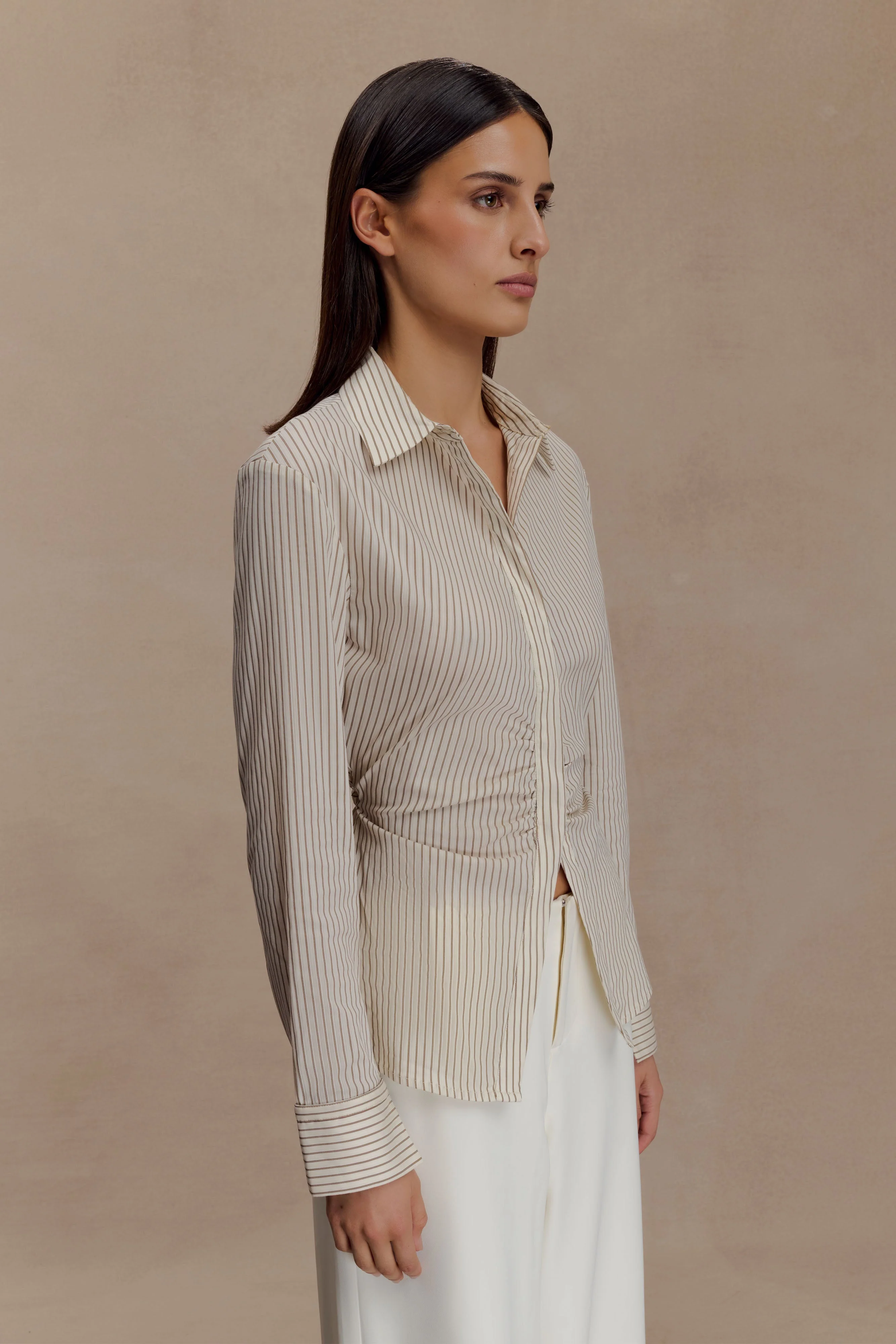 Millie Tie Back Cotton Shirt - Beige Pinstripe - Image 4
