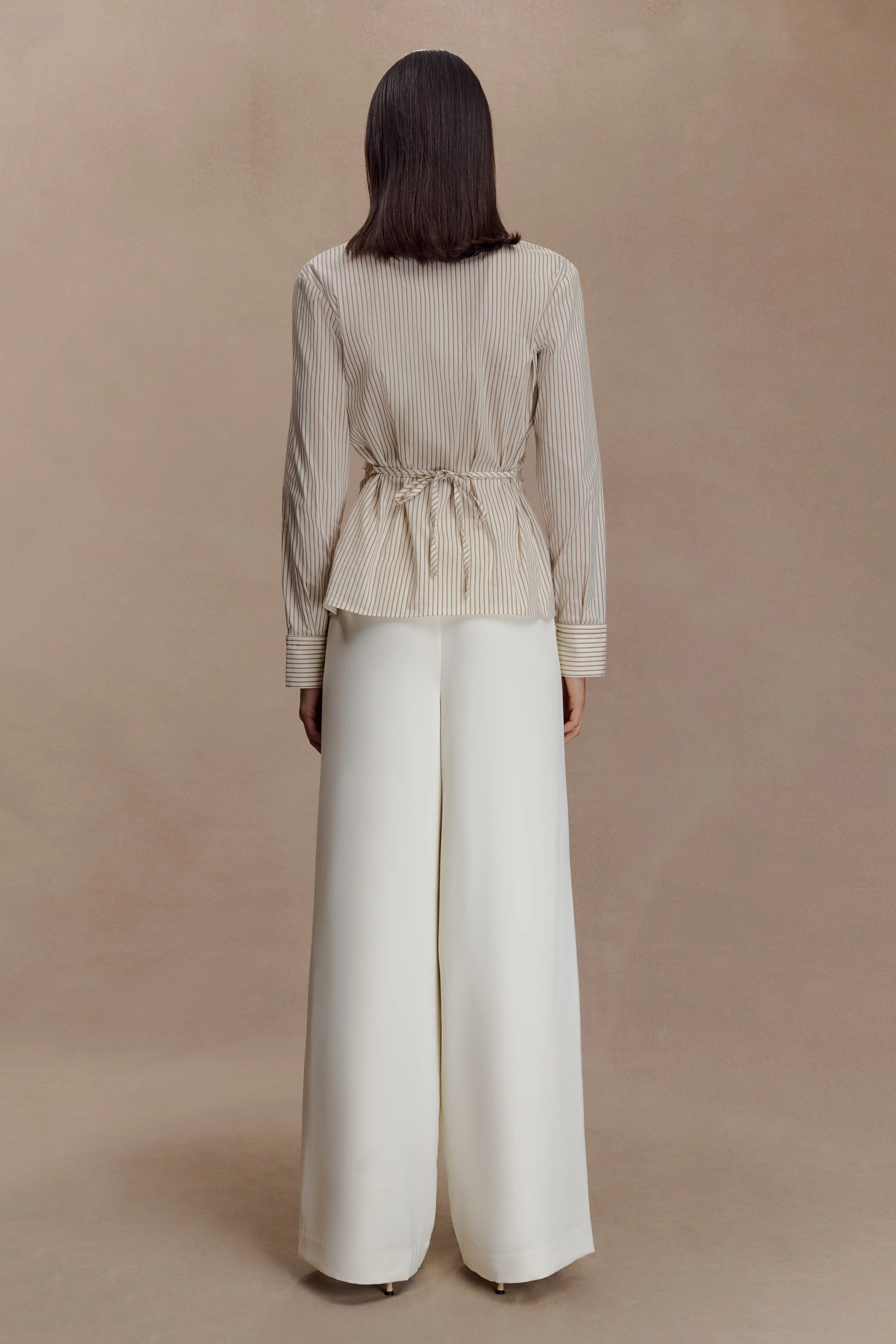 Millie Tie Back Cotton Shirt - Beige Pinstripe - Image 5