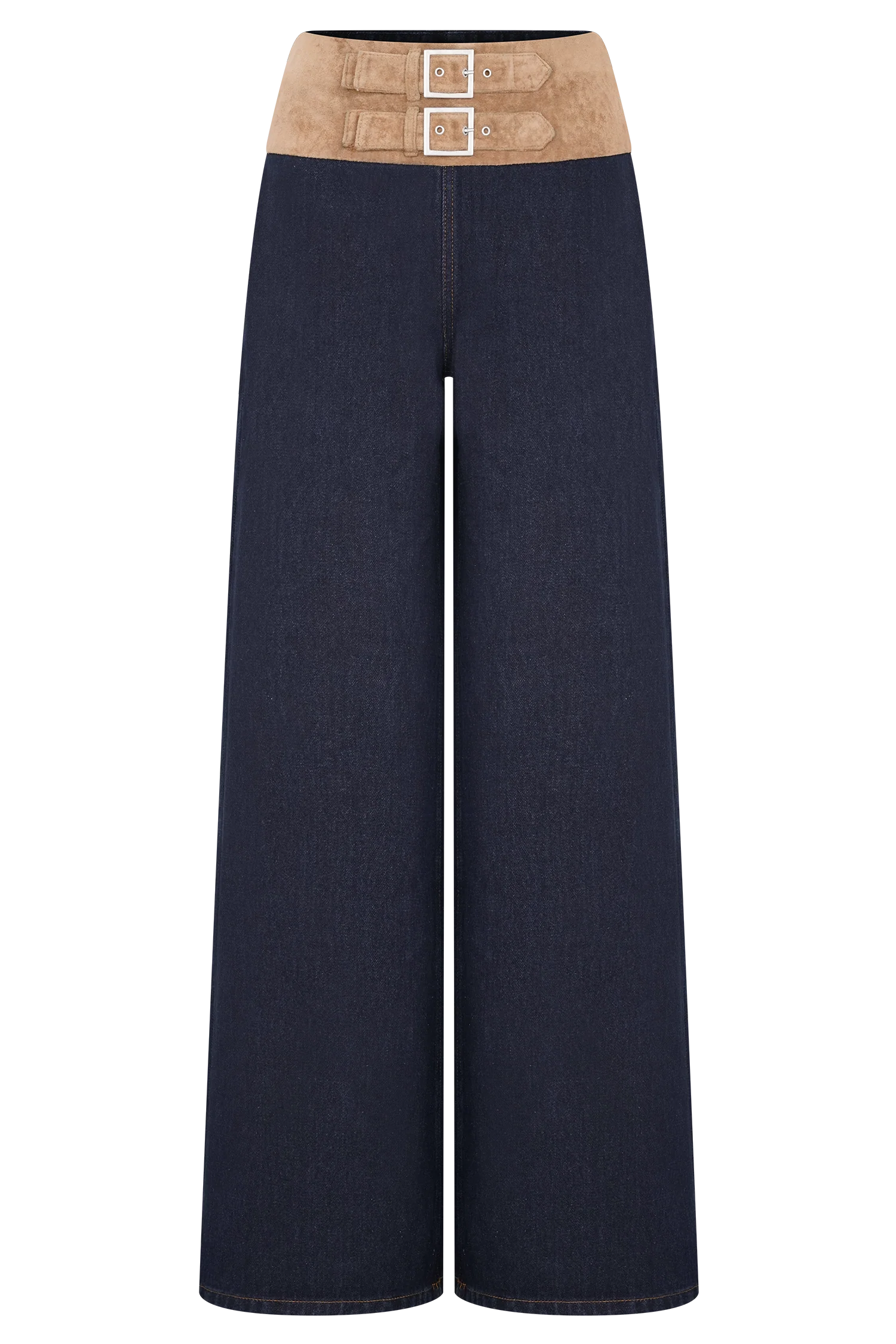 Miranda Faux Suede Belted Denim Wide Leg Jeans - Indigo Blue - Image 9