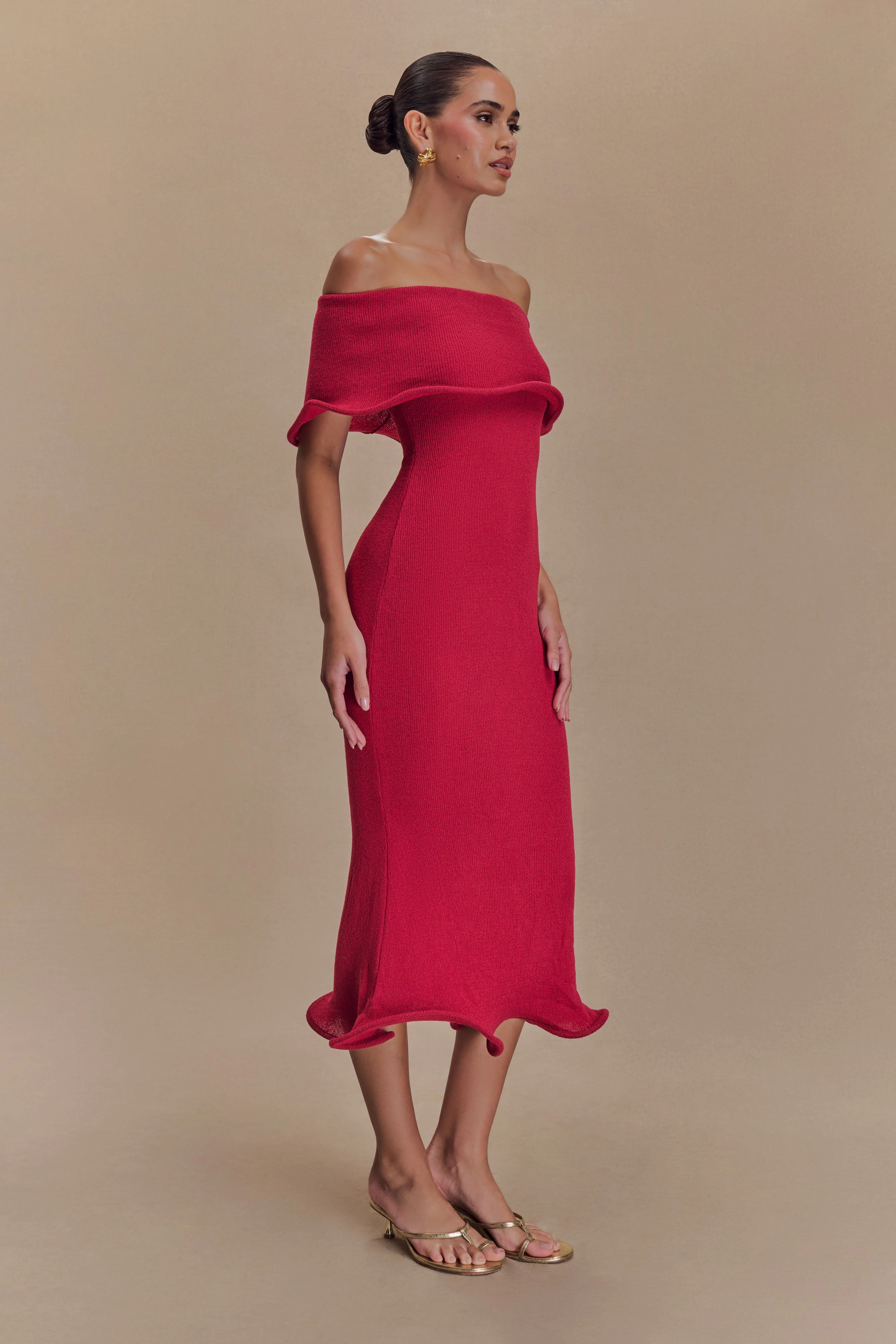 Molly Off Shoulder Knit Midi Dress - Raspberry - Image 3