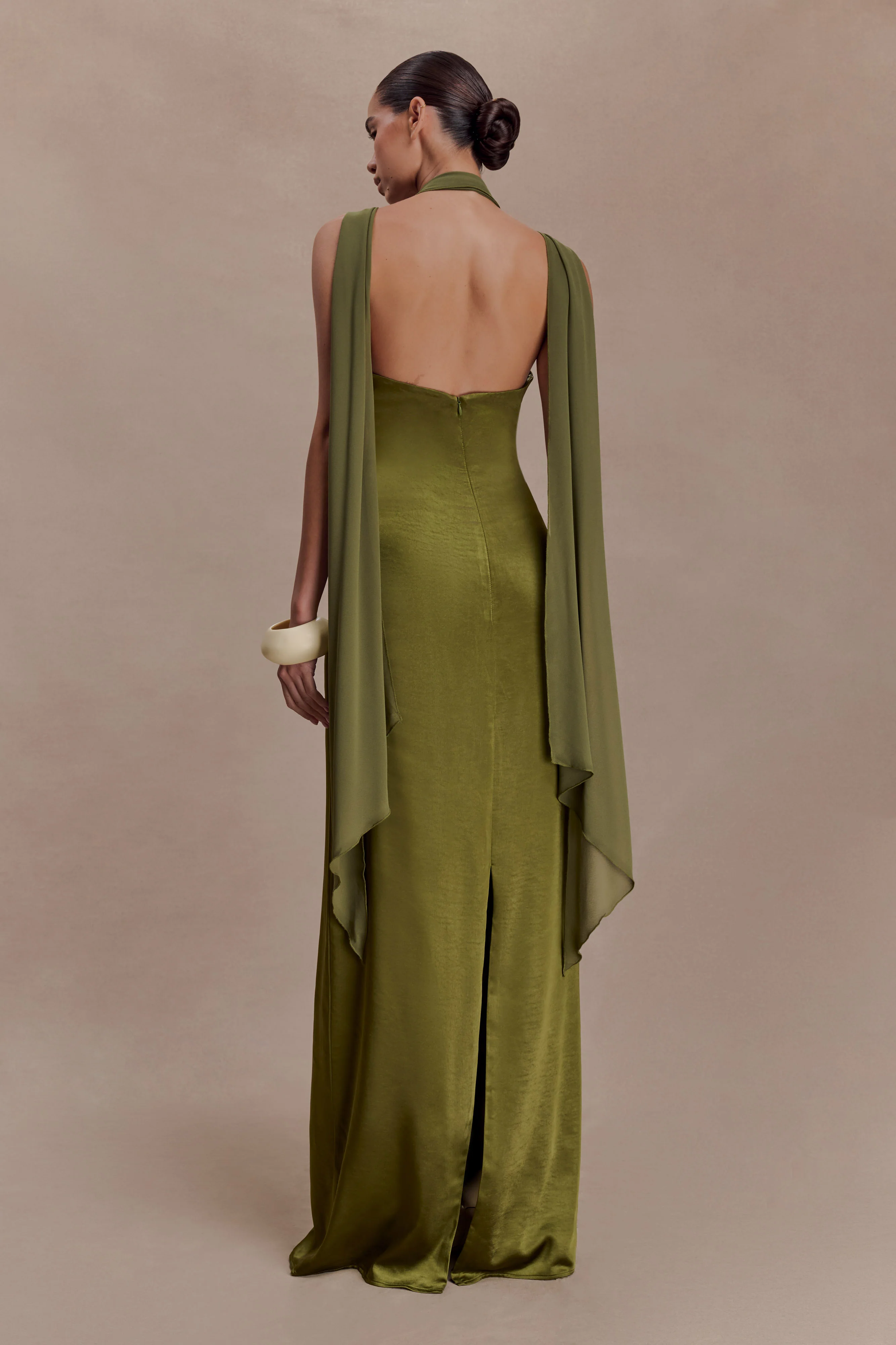 Myla Draped Shoulders Satin Maxi Dress - Khaki - Image 2