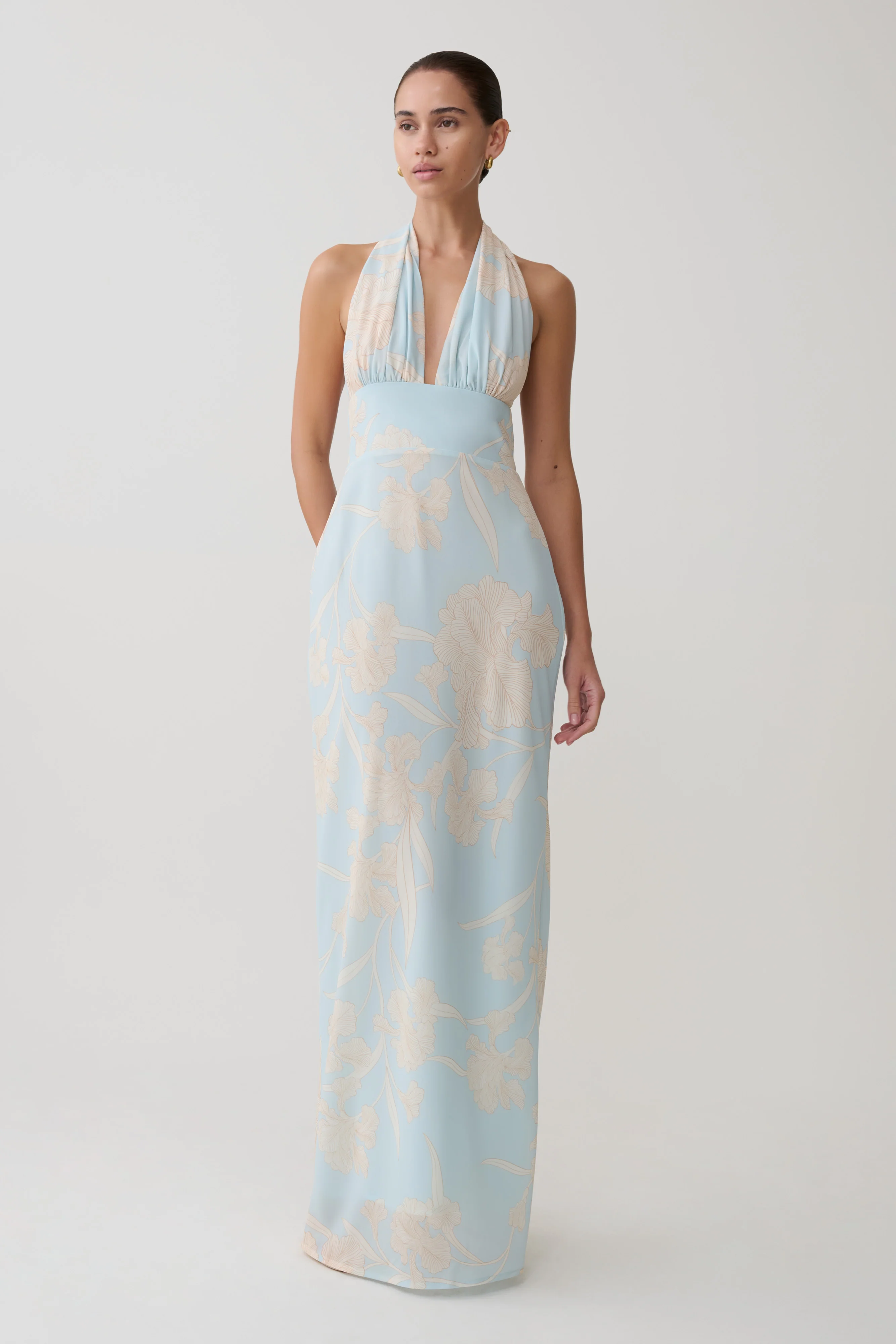 Nadine Halter Scarf Chiffon Maxi Dress - Blue Floral Print - Image 2