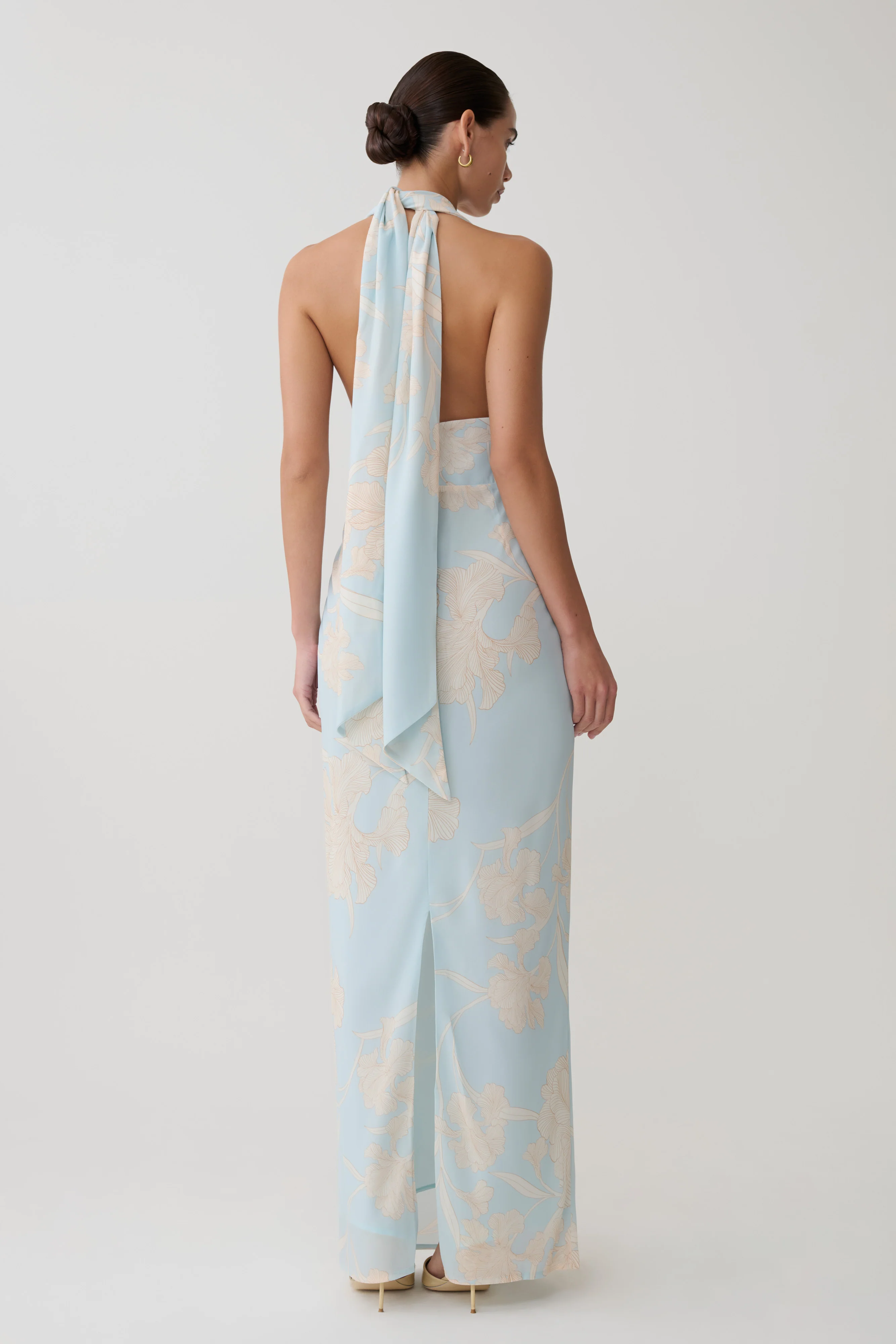 Nadine Halter Scarf Chiffon Maxi Dress - Blue Floral Print - Image 3