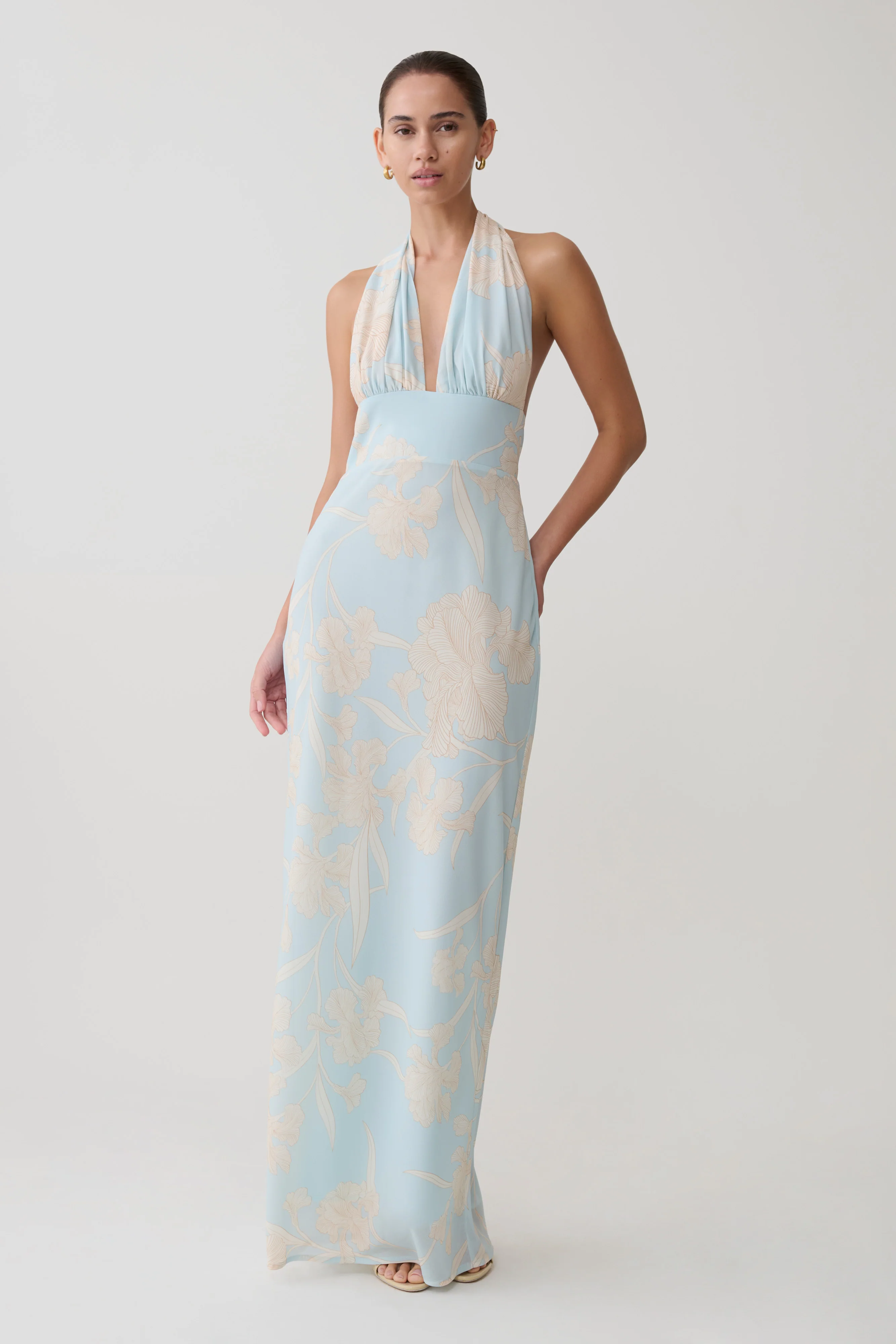 Nadine Halter Scarf Chiffon Maxi Dress - Blue Floral Print - Image 5
