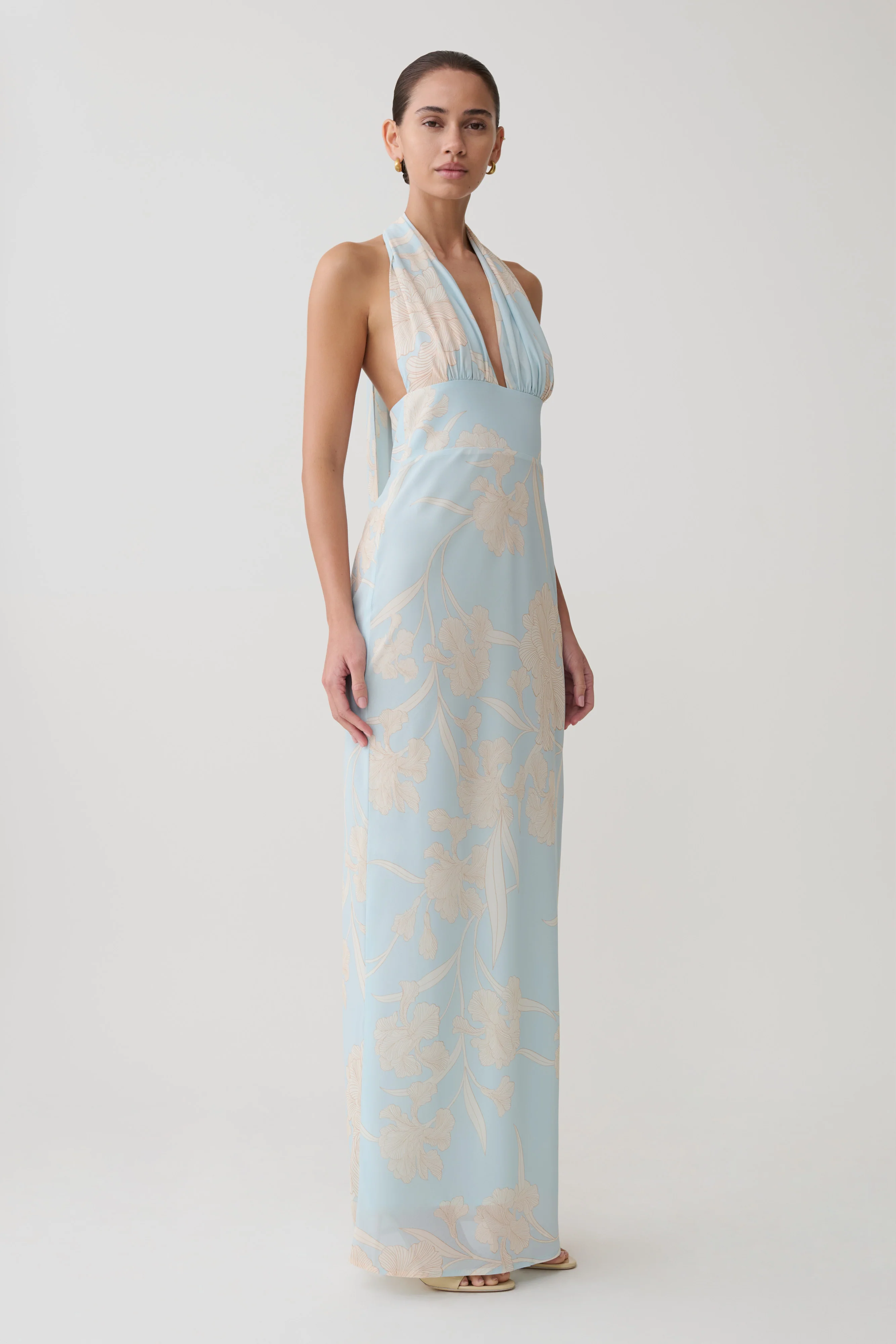 Nadine Halter Scarf Chiffon Maxi Dress - Blue Floral Print - Image 6