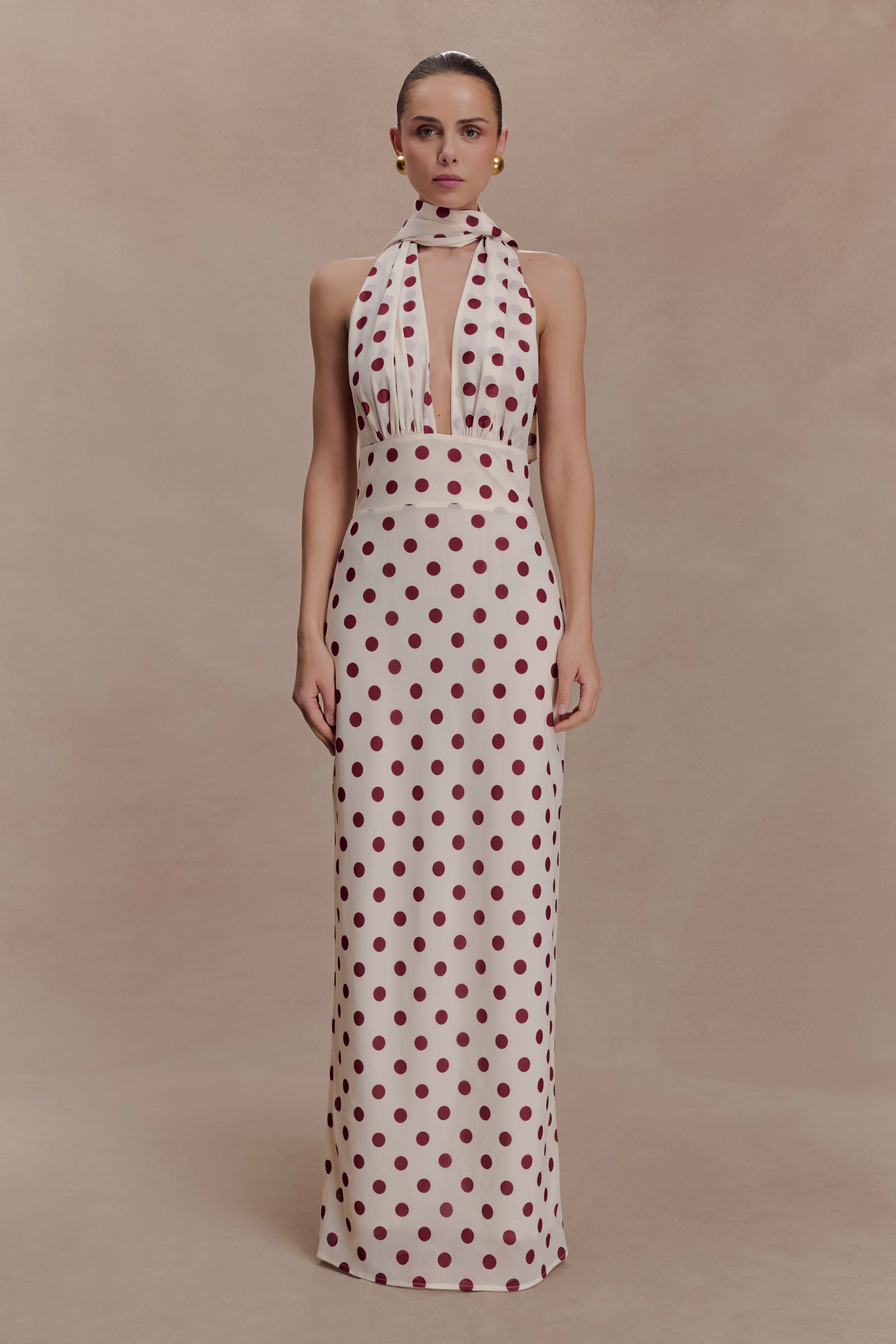 Nadine Halter Chiffon Maxi Dress - Ivory/Merlot Polka Dot - Image 2