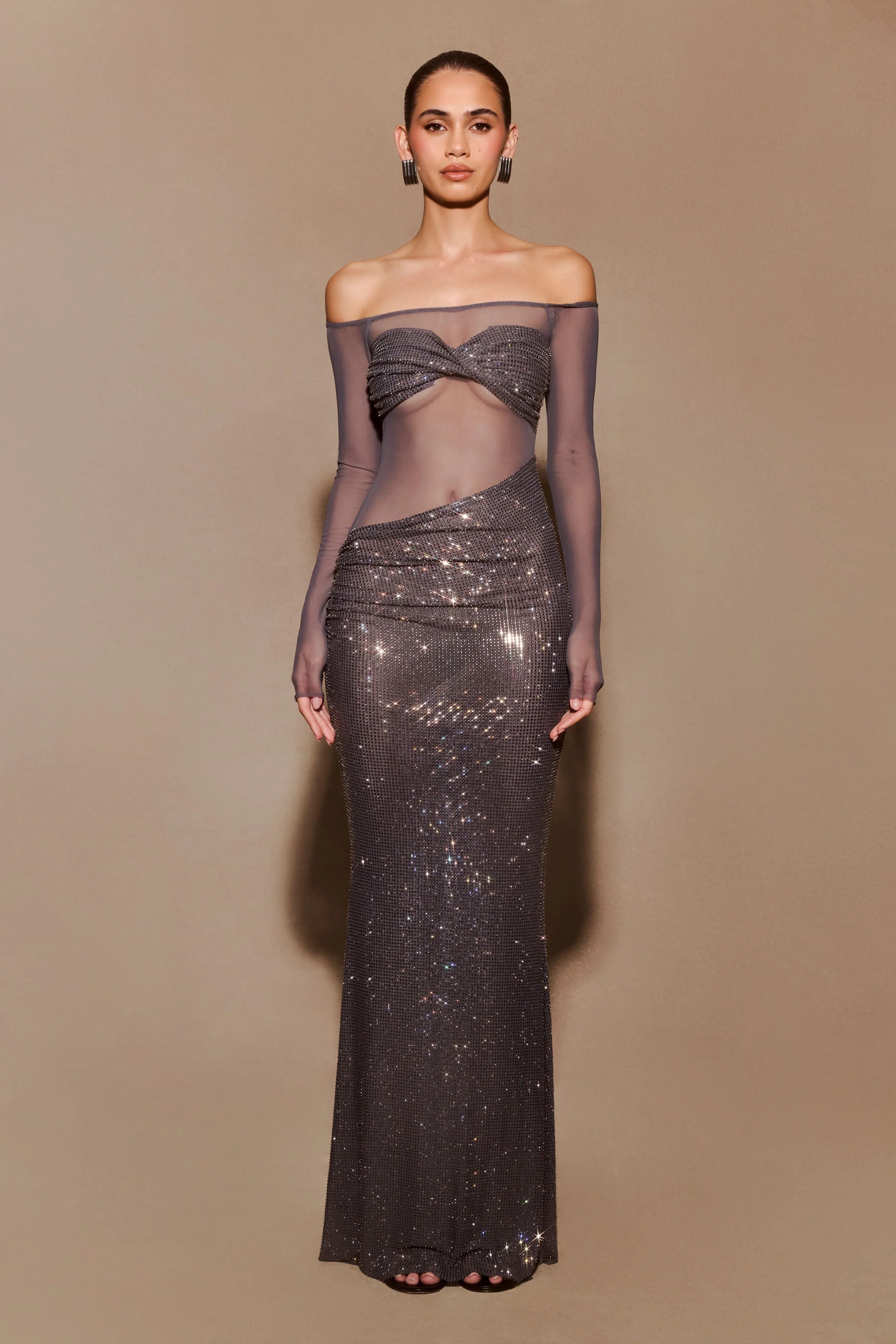 Nash Diamante Off Shoulder Maxi Dress - Gunmetal - Image 6