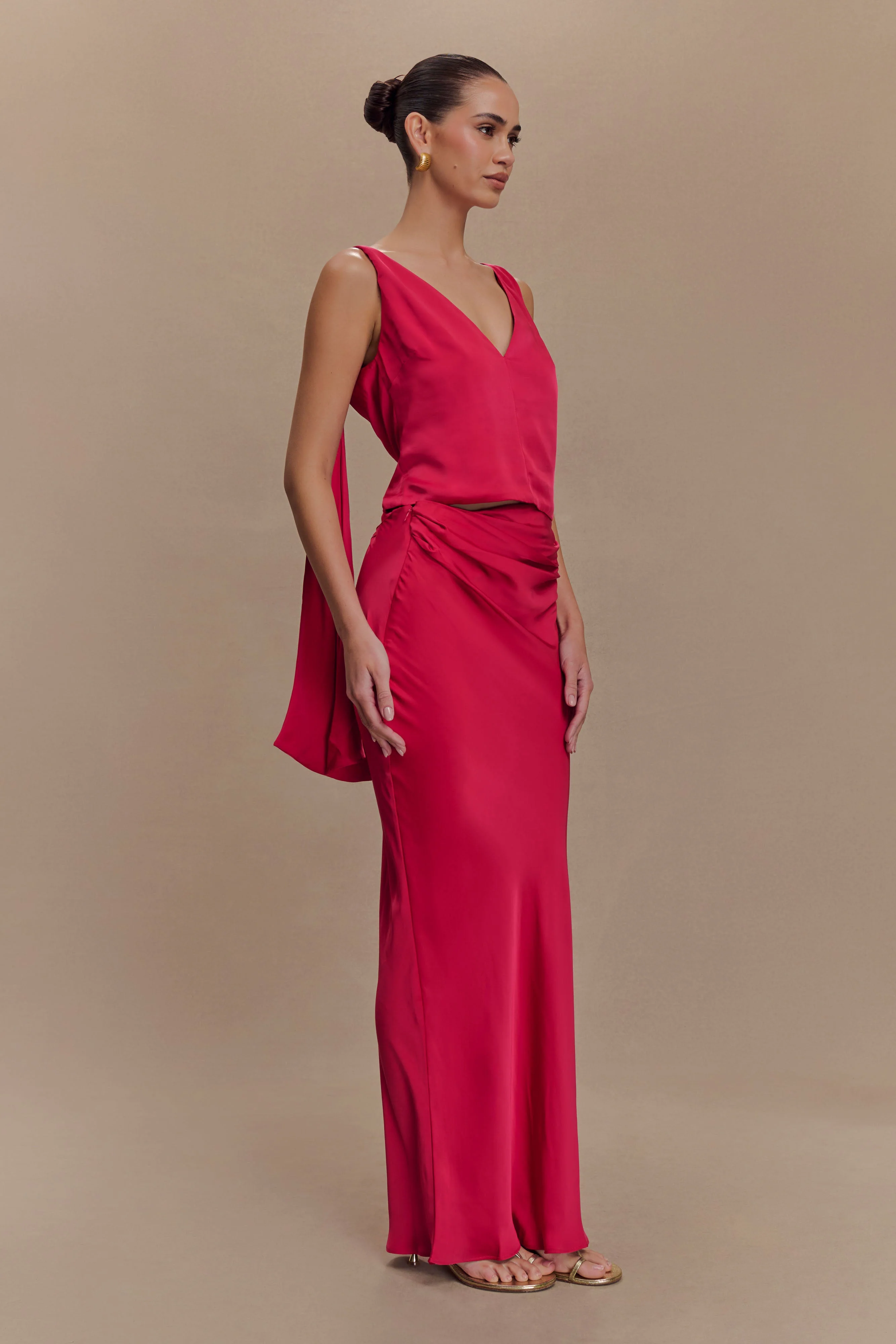 Nicola Satin Asymmetric Maxi Skirt - Pink Cherry - Image 4