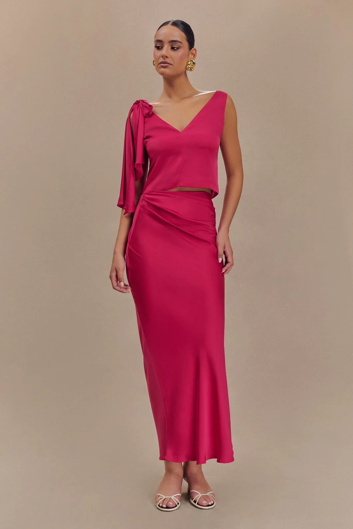 Nicola Satin Asymmetric Maxi Skirt - Pink Cherry - Image 5