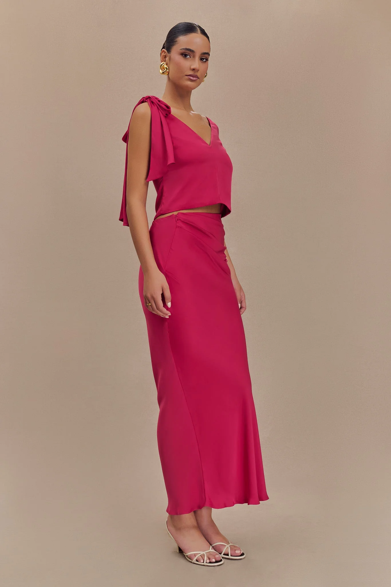 Nicola Satin Asymmetric Maxi Skirt - Pink Cherry - Image 6