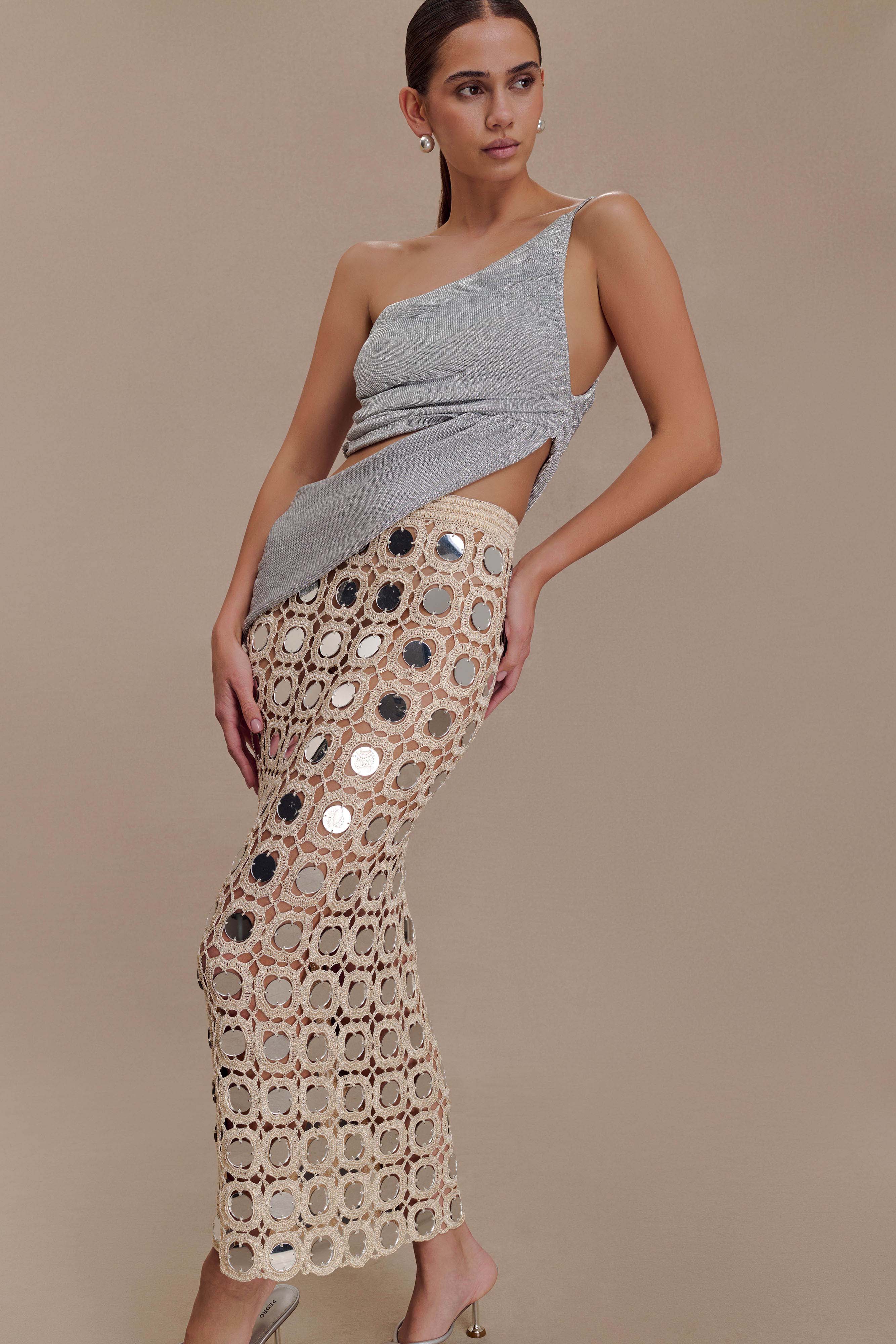 Noel Mirror Knit Midi Skirt - Beige - Image 2