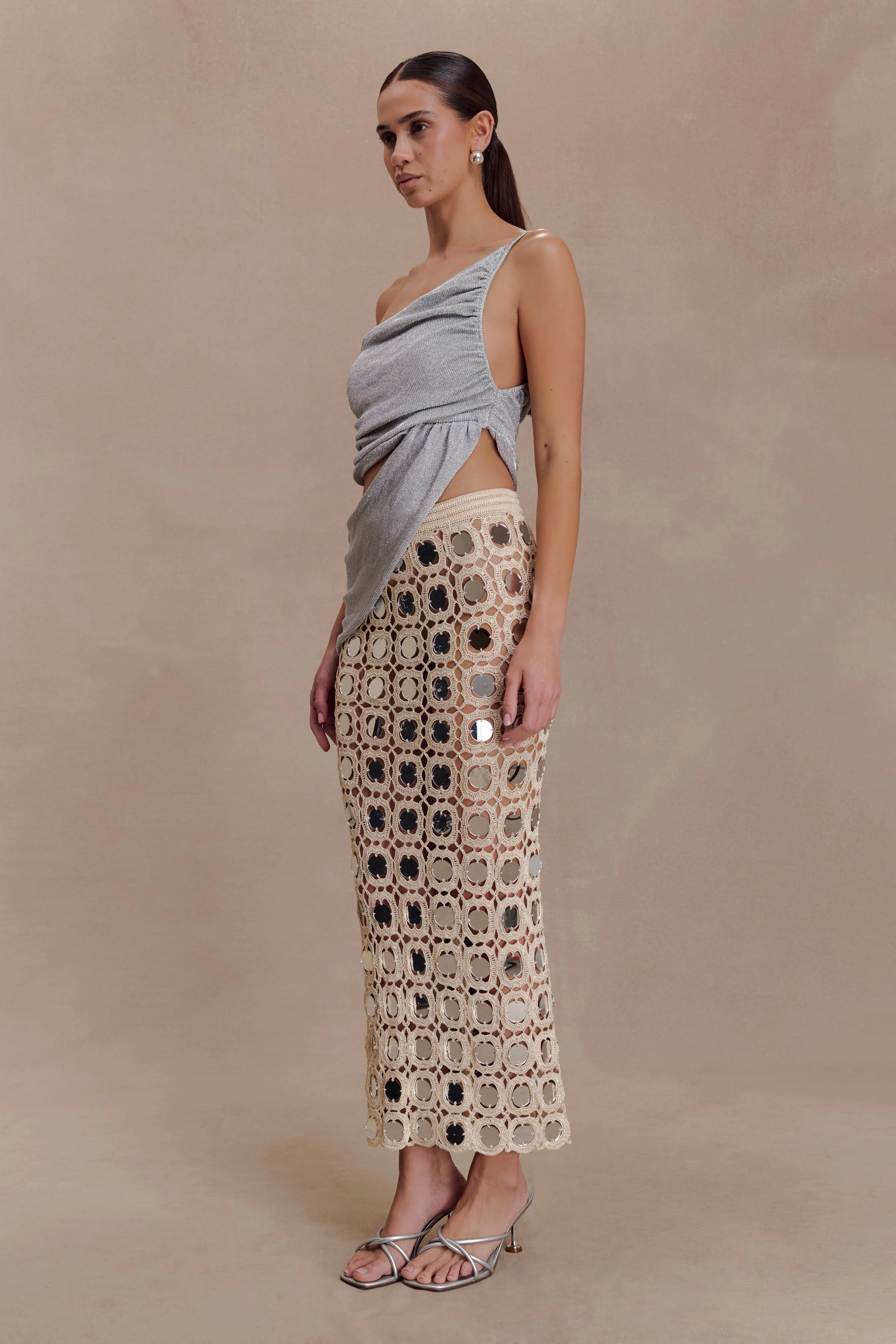 Noel Mirror Knit Midi Skirt - Beige - Image 3
