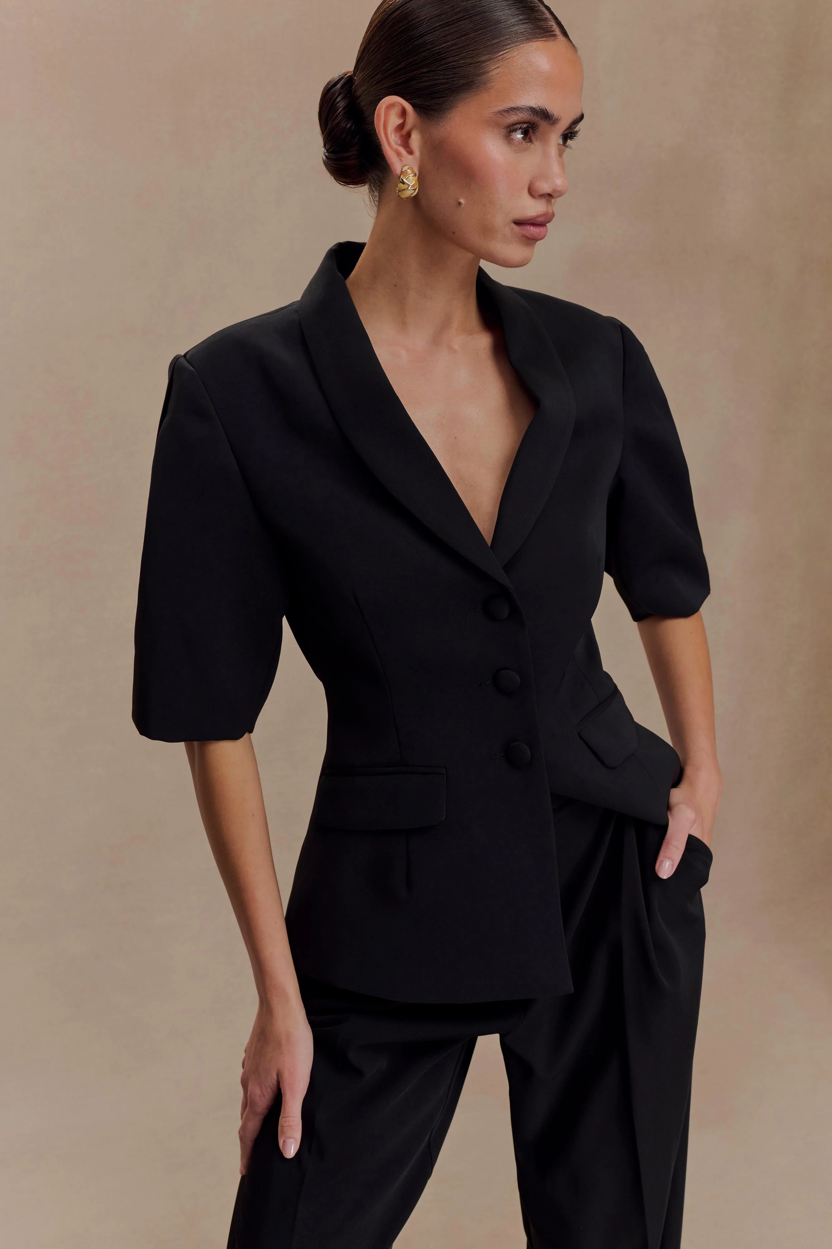 Opal Puff Sleeve Suiting Top - Black - Image 4