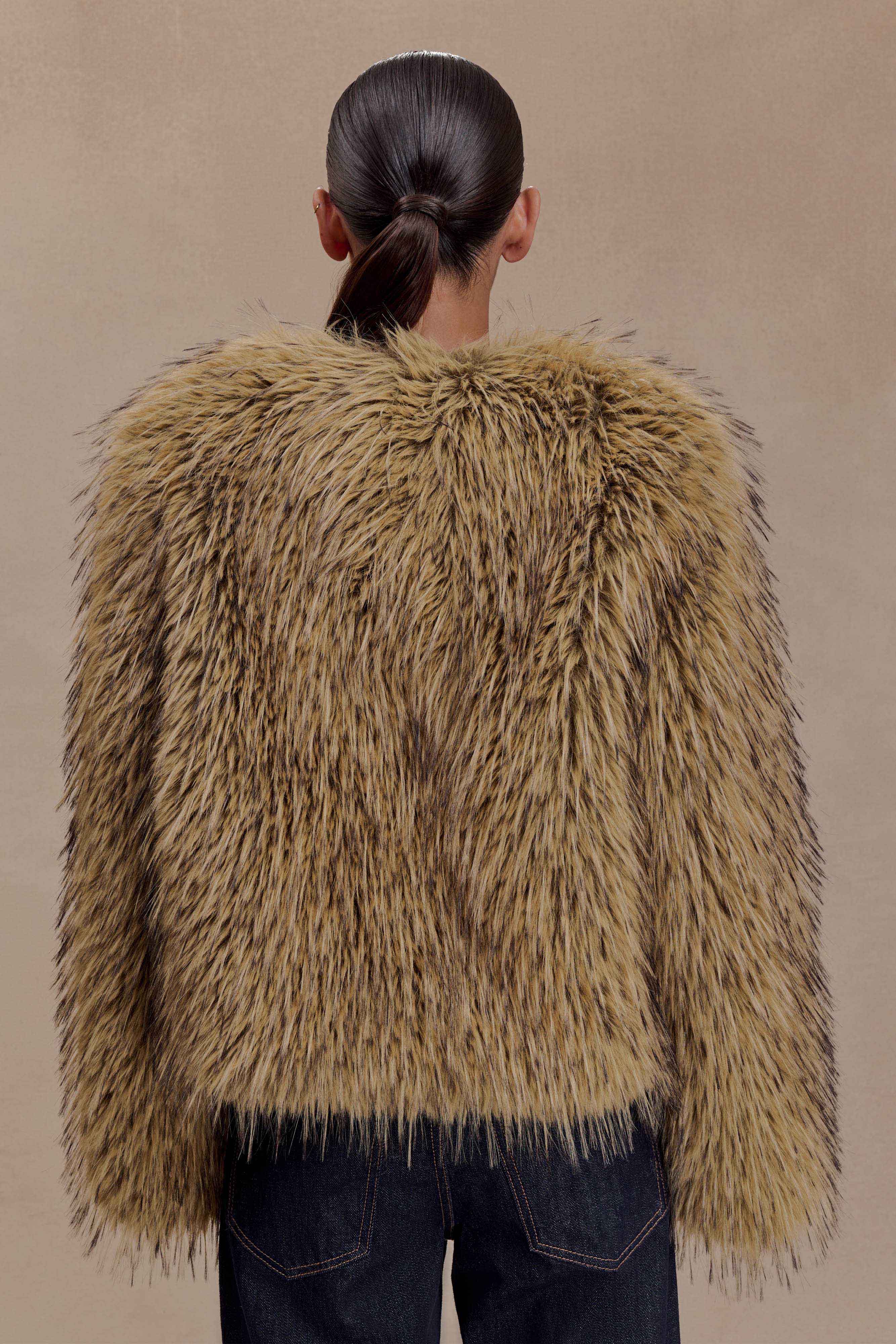 Ottie Mongolian Faux Fur Cropped Jacket - Brown Multi - Image 5