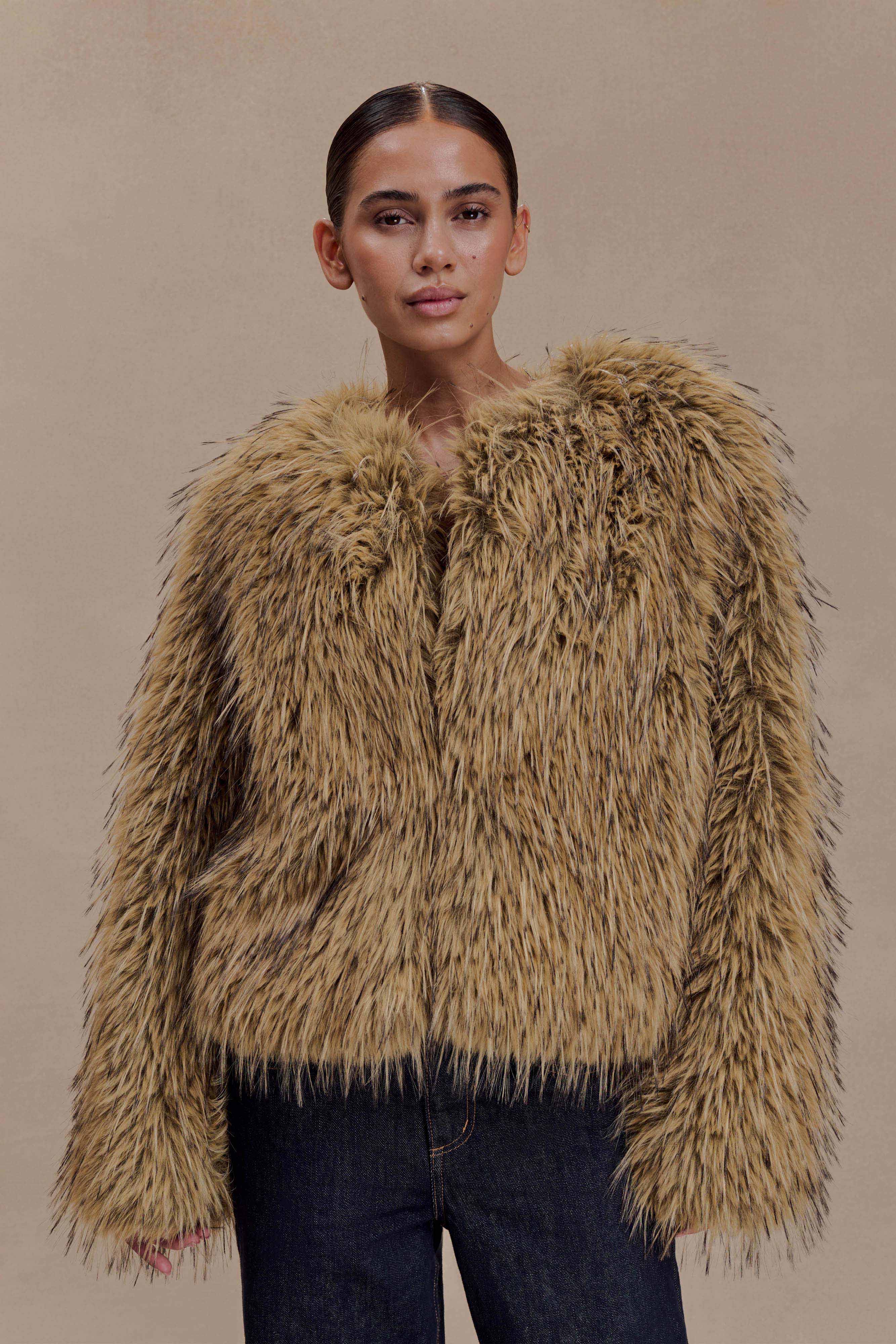Ottie Mongolian Faux Fur Cropped Jacket - Brown Multi - Image 6