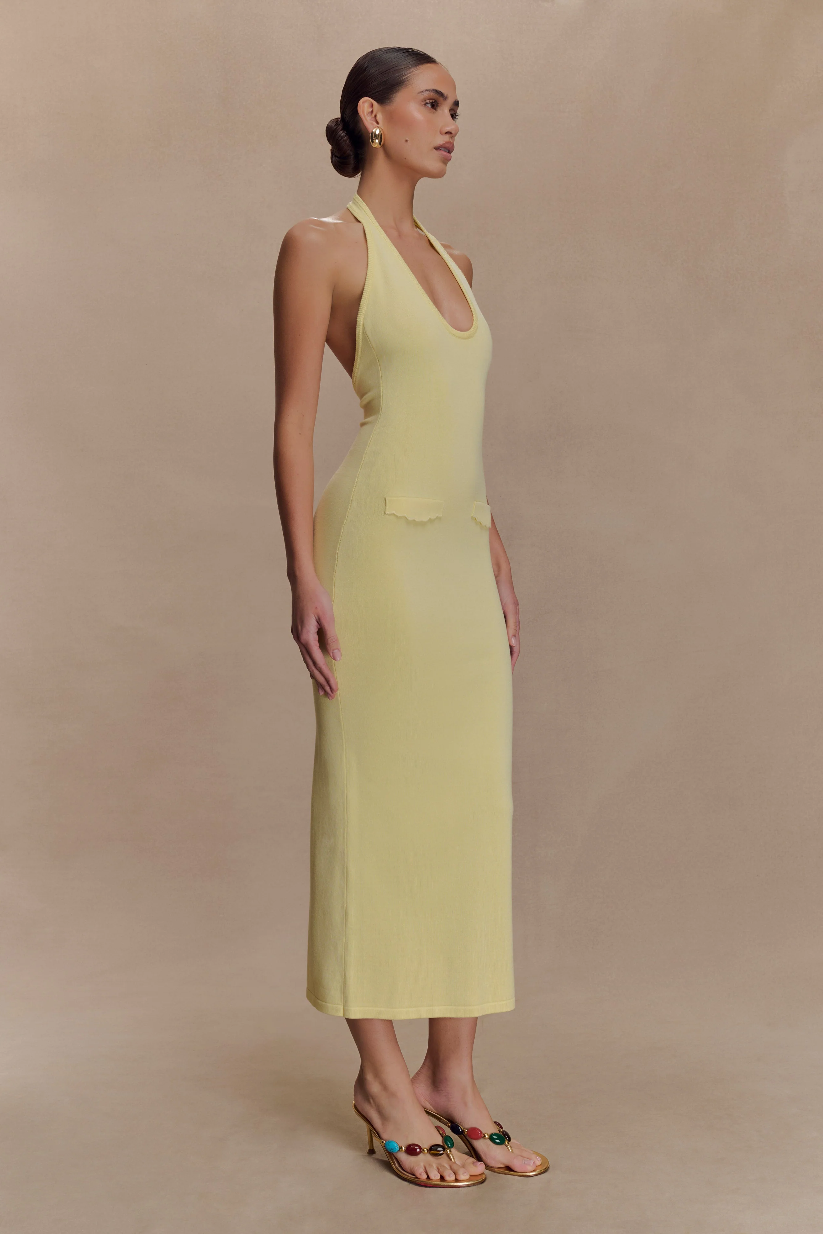 Ovina Halter Neck Knit Midi Dress - Lemon - Image 4