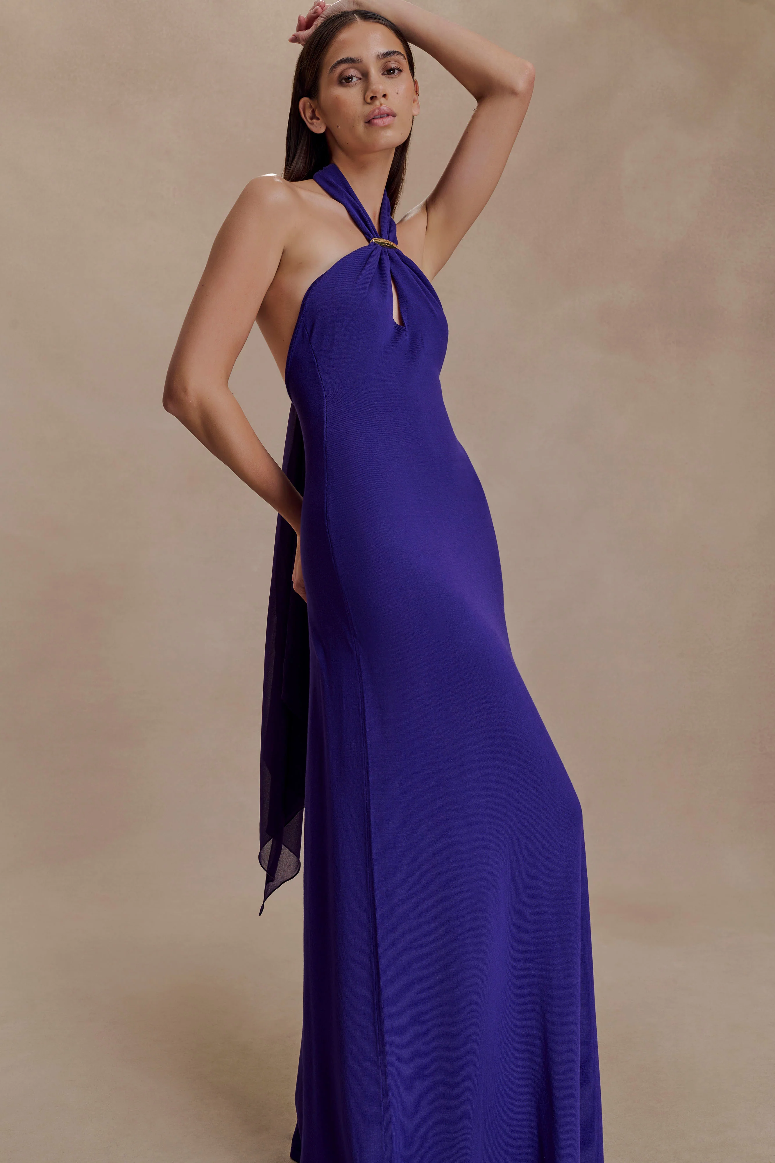 Ozias Halter Semi Sheer Knit Maxi Dress - Deep Purple - Image 4