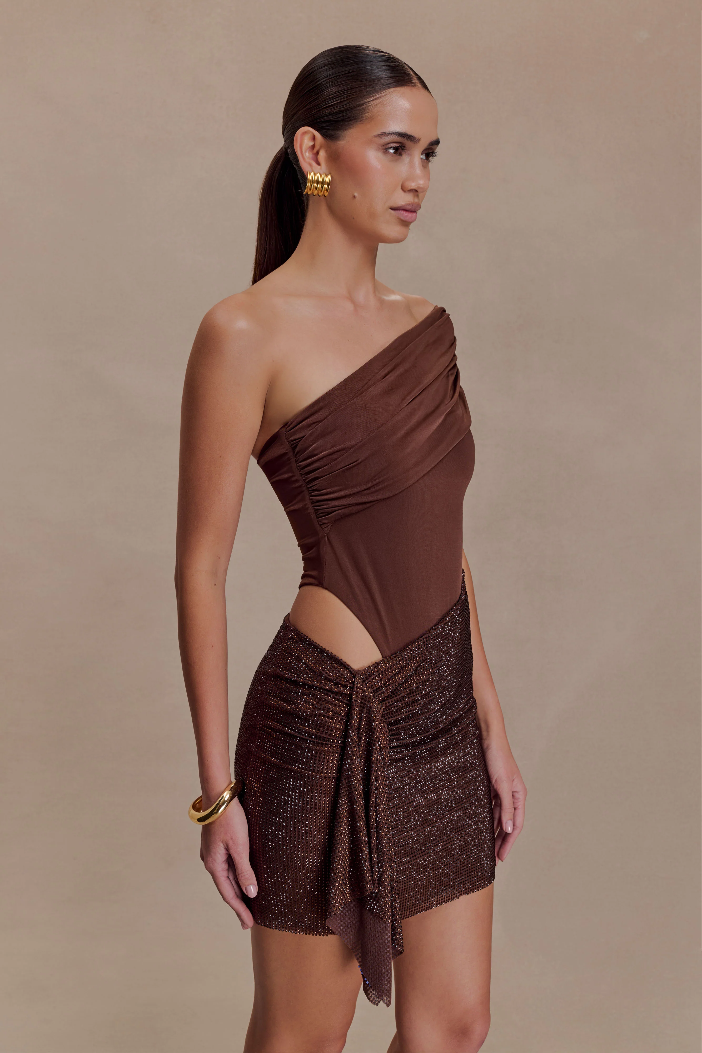 Paisley Slinky And Diamante Mini Dress - Chocolate - Image 8