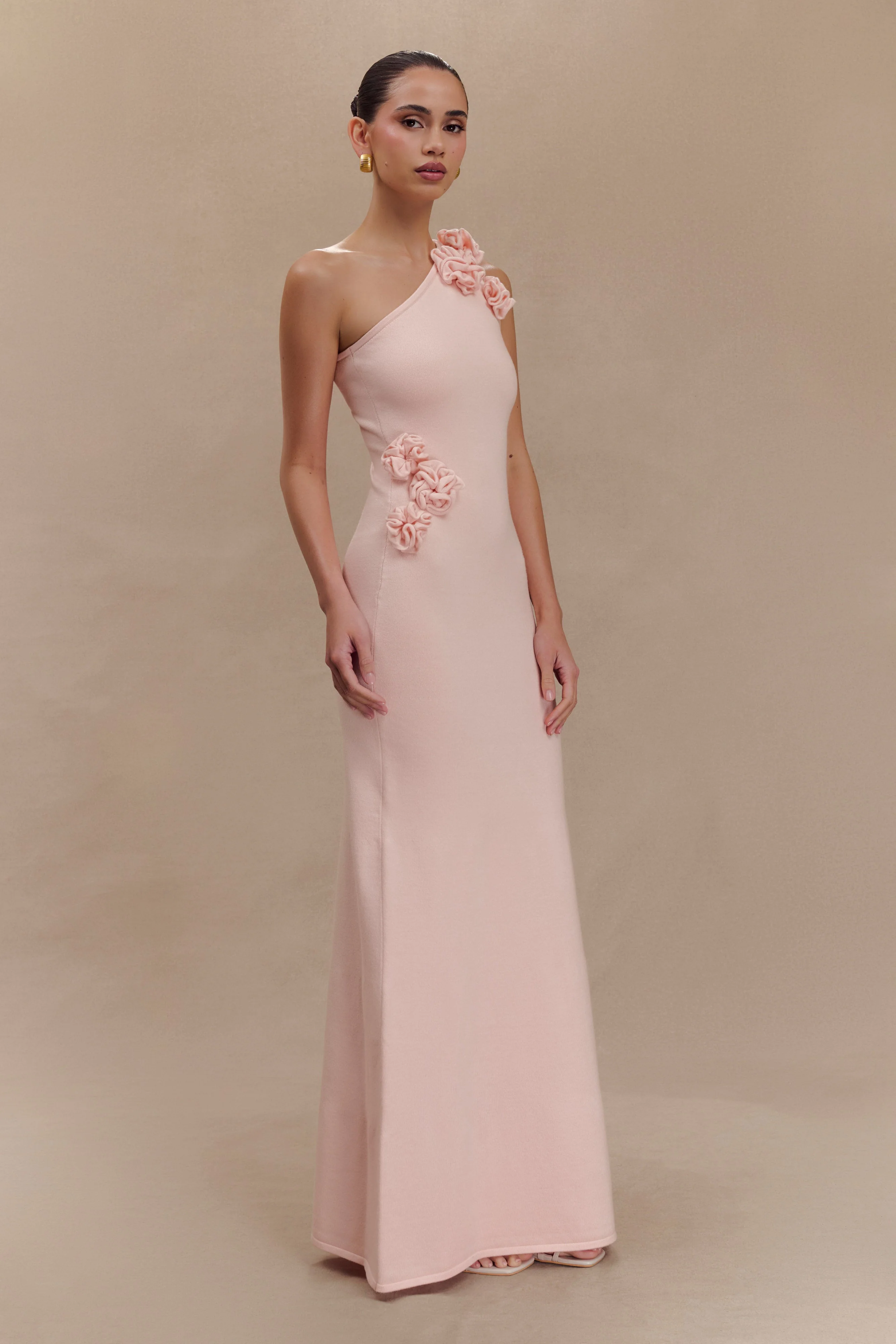 Paloma One Shoulder Knit Maxi Dress With Flowers - Baby Pink - Image 4