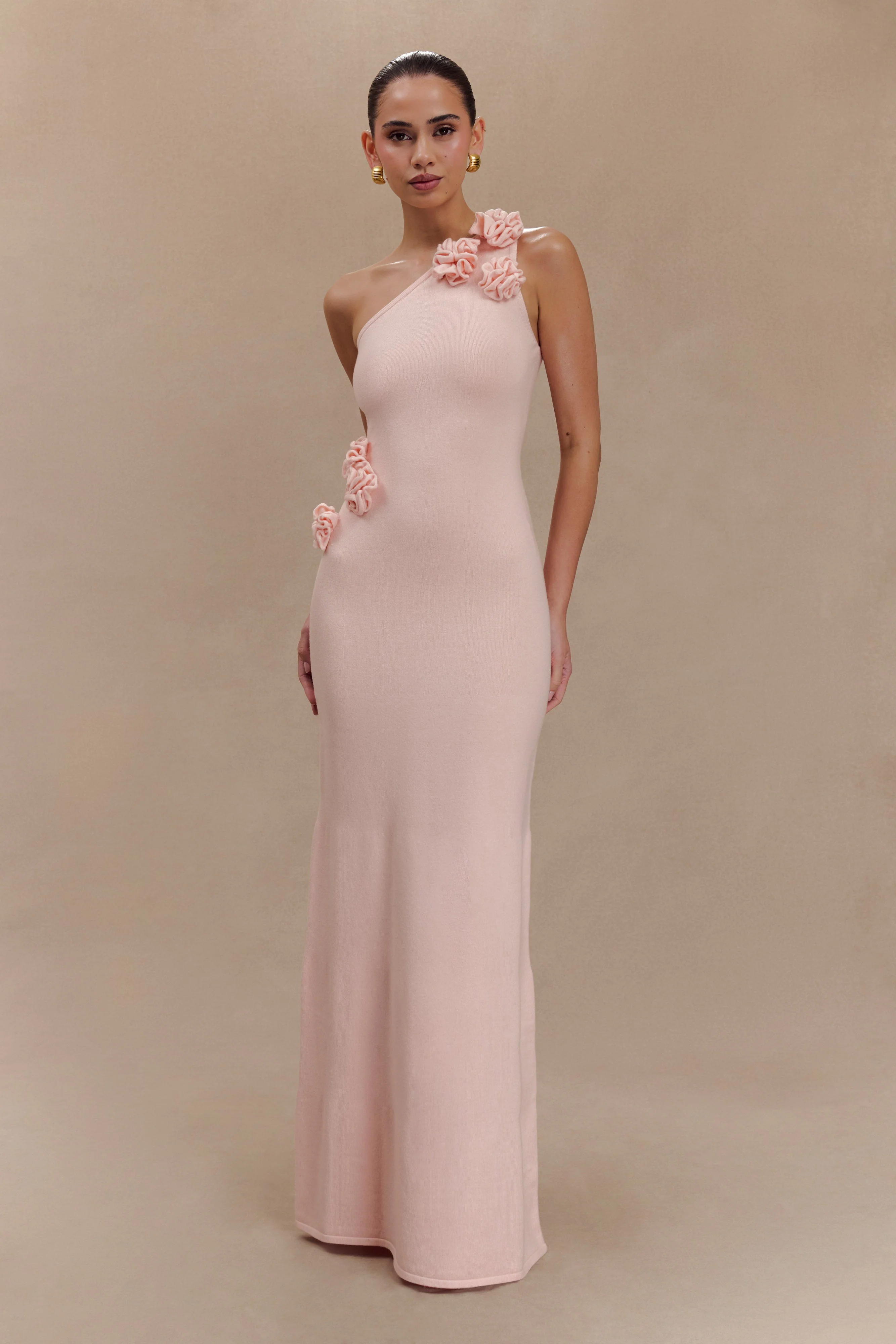 Paloma One Shoulder Knit Maxi Dress With Flowers - Baby Pink - Image 5