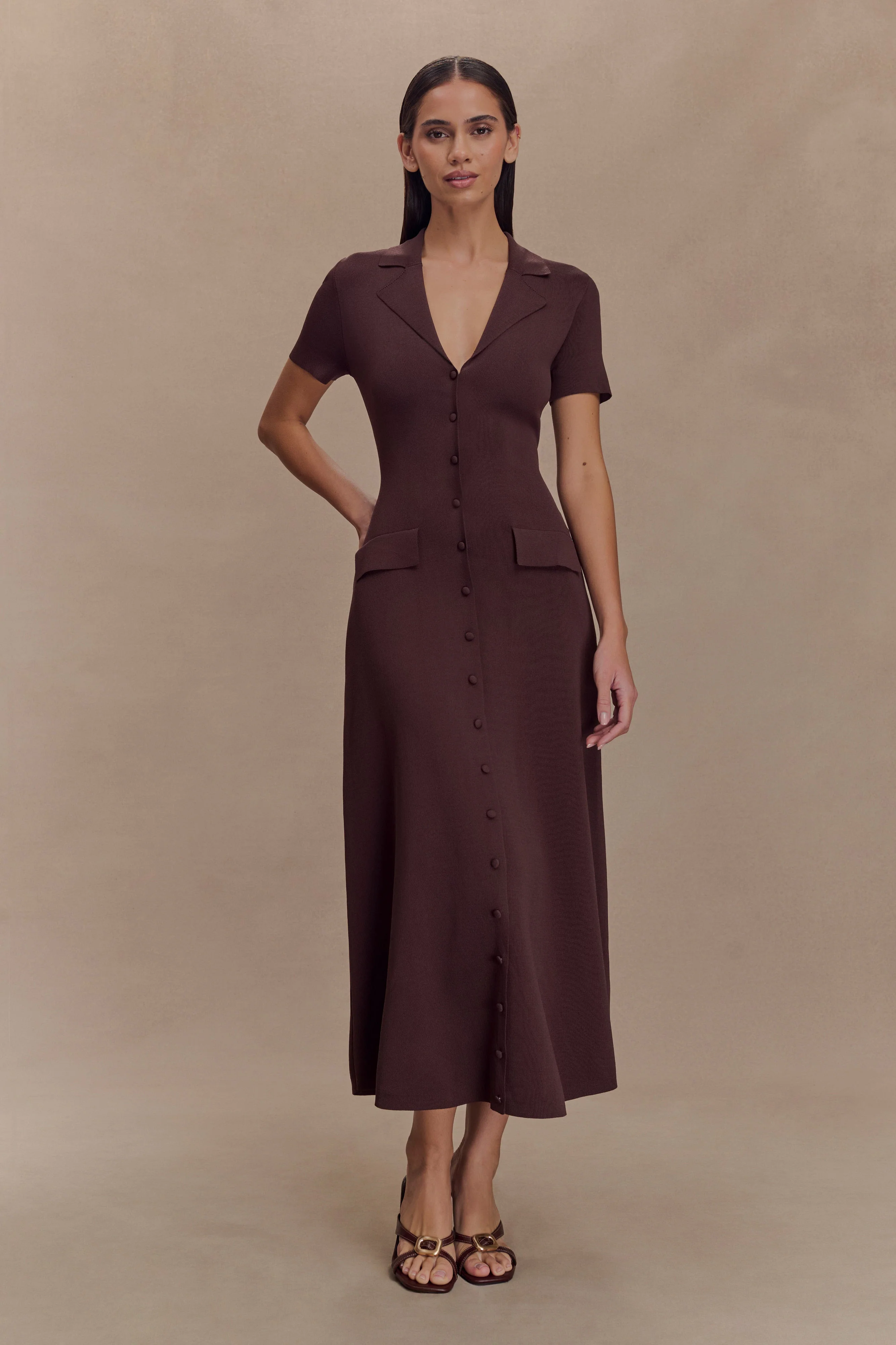 Pearson Short Sleeve Knit Midi Dress - Chocolate - Image 5