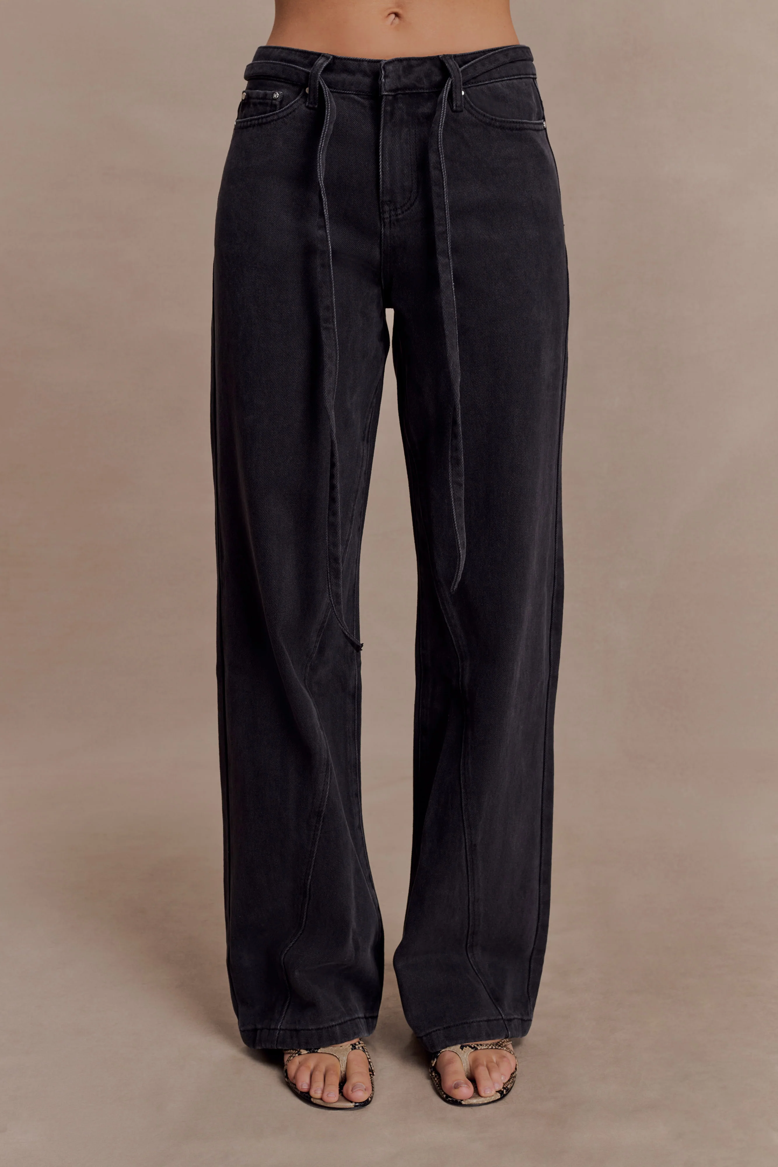 Perrie Mid Rise Straight Leg Tie Jeans - Washed Black - Image 4