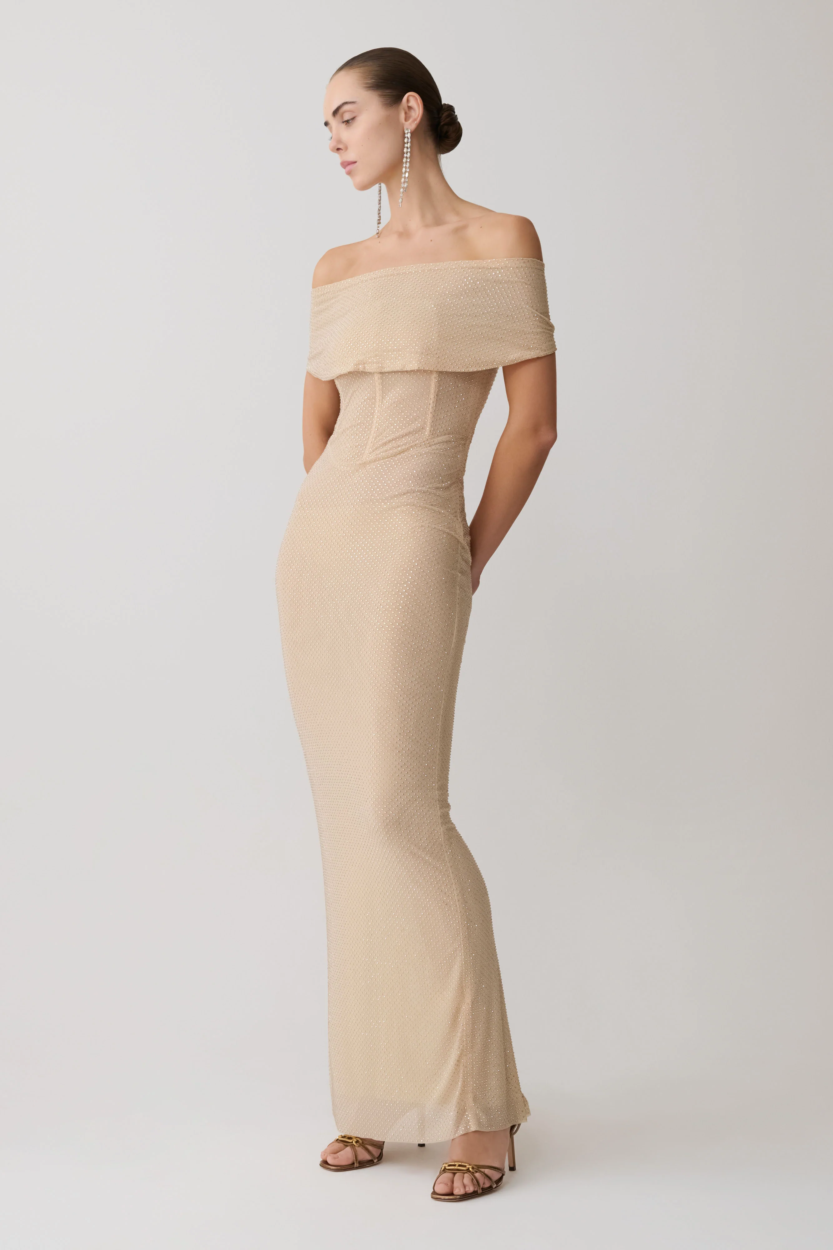 Phi Multi-Wear Cowl Diamante Maxi Dress - Gold - Image 5