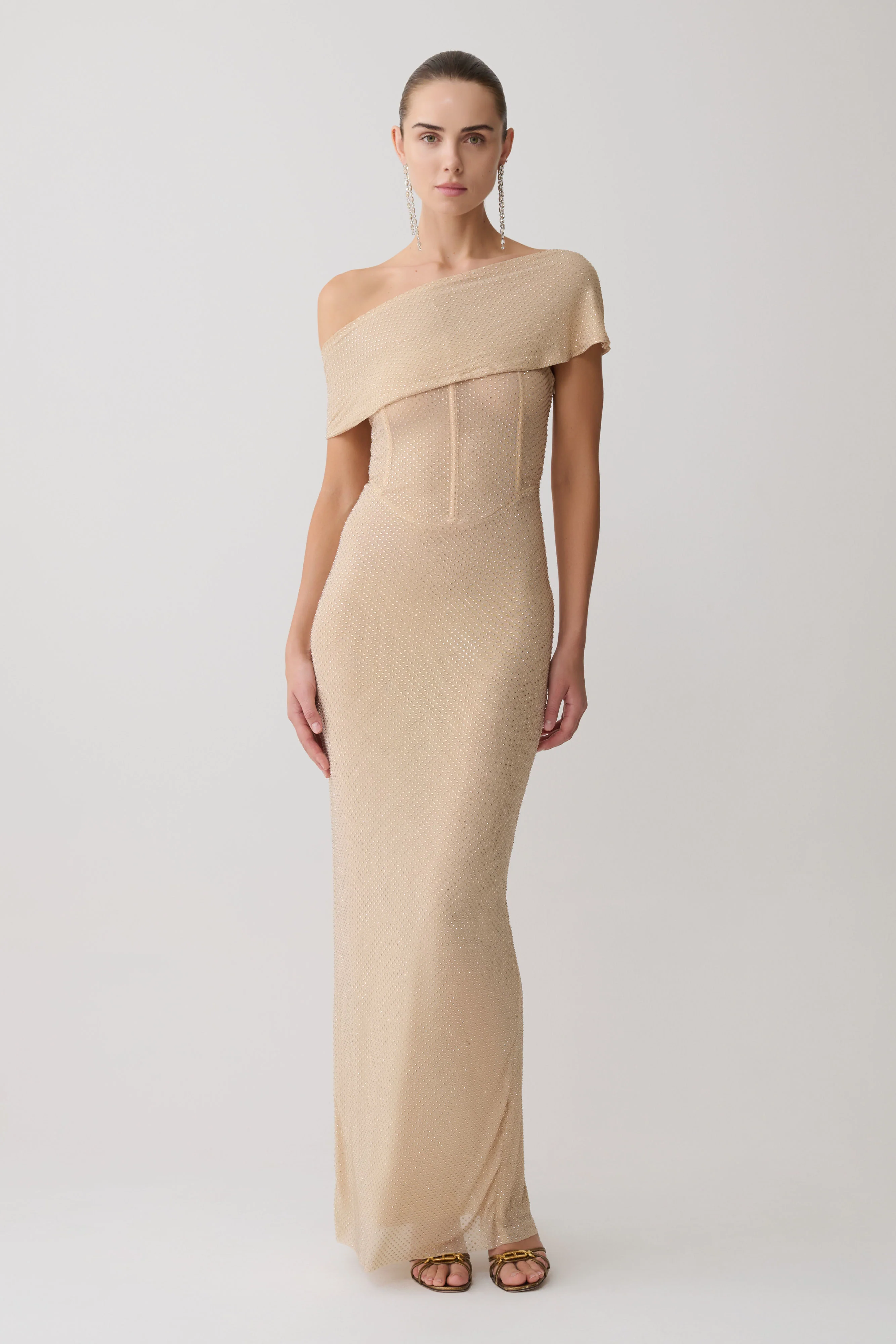 Phi Multi-Wear Cowl Diamante Maxi Dress - Gold - Image 9