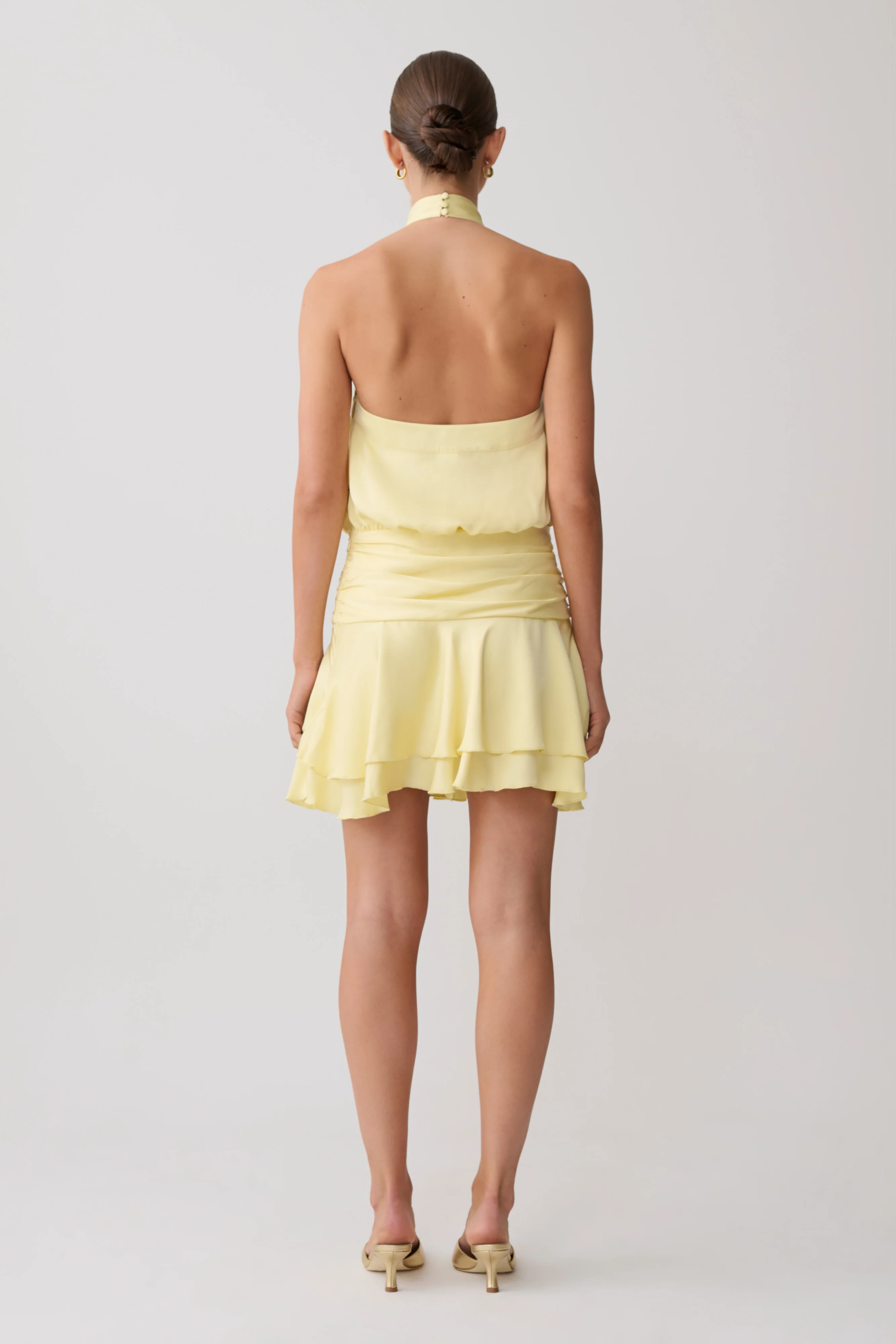 Poppy Satin Halter Mini Dress - Lemon - Image 3