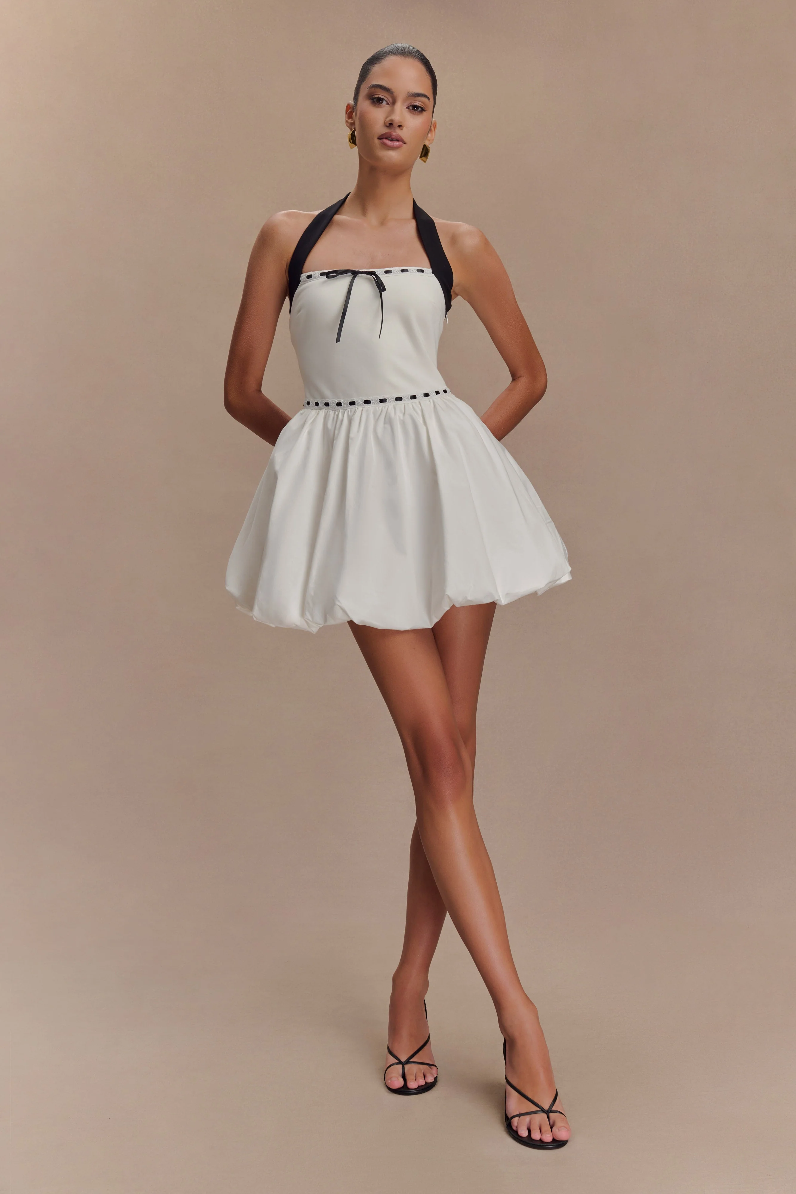 Queenie Halter Bubble Mini Dress - Black/White - Image 5