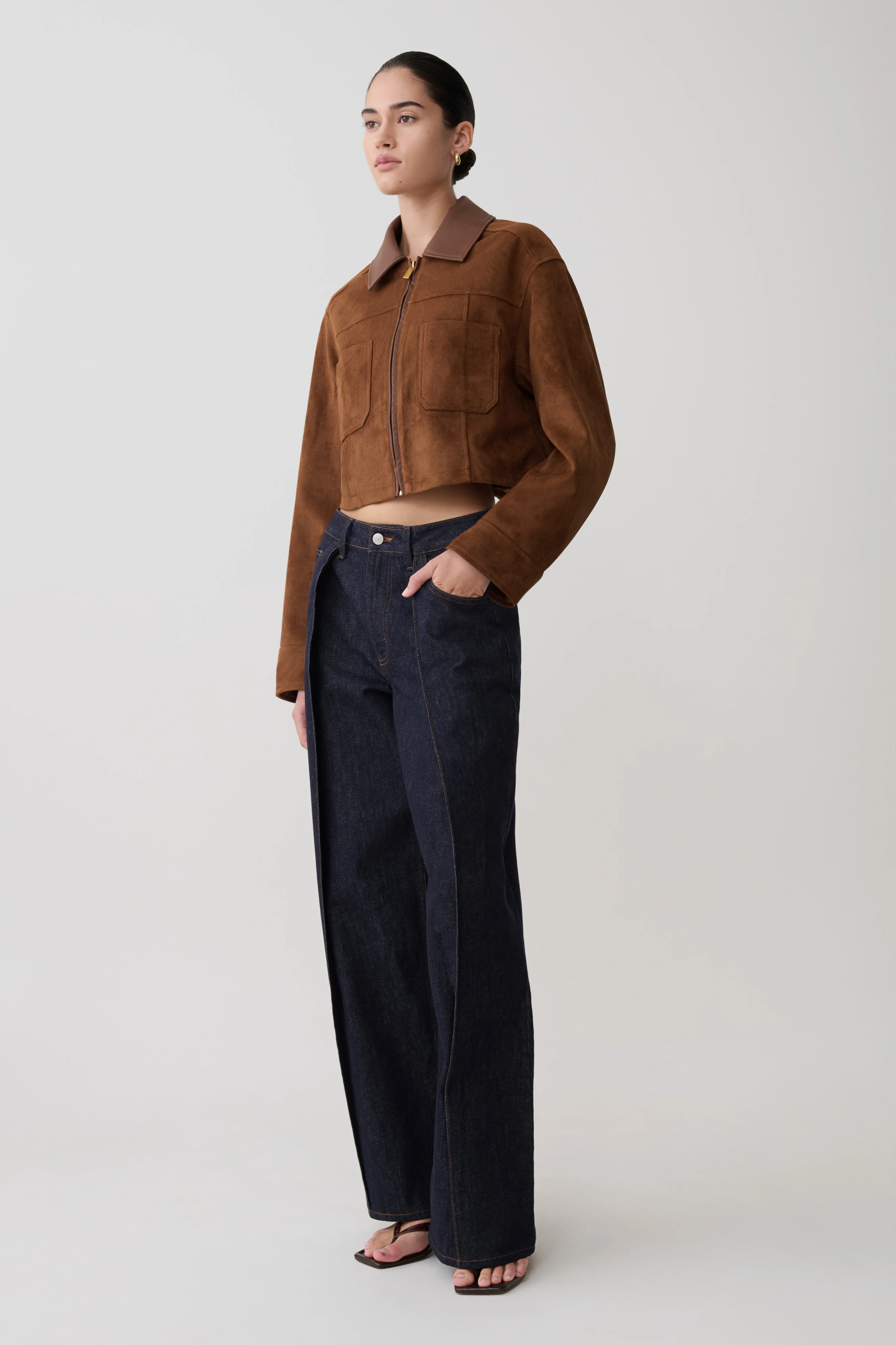 Remy Faux Suede & Leather Collared Jacket - Tan - Image 5