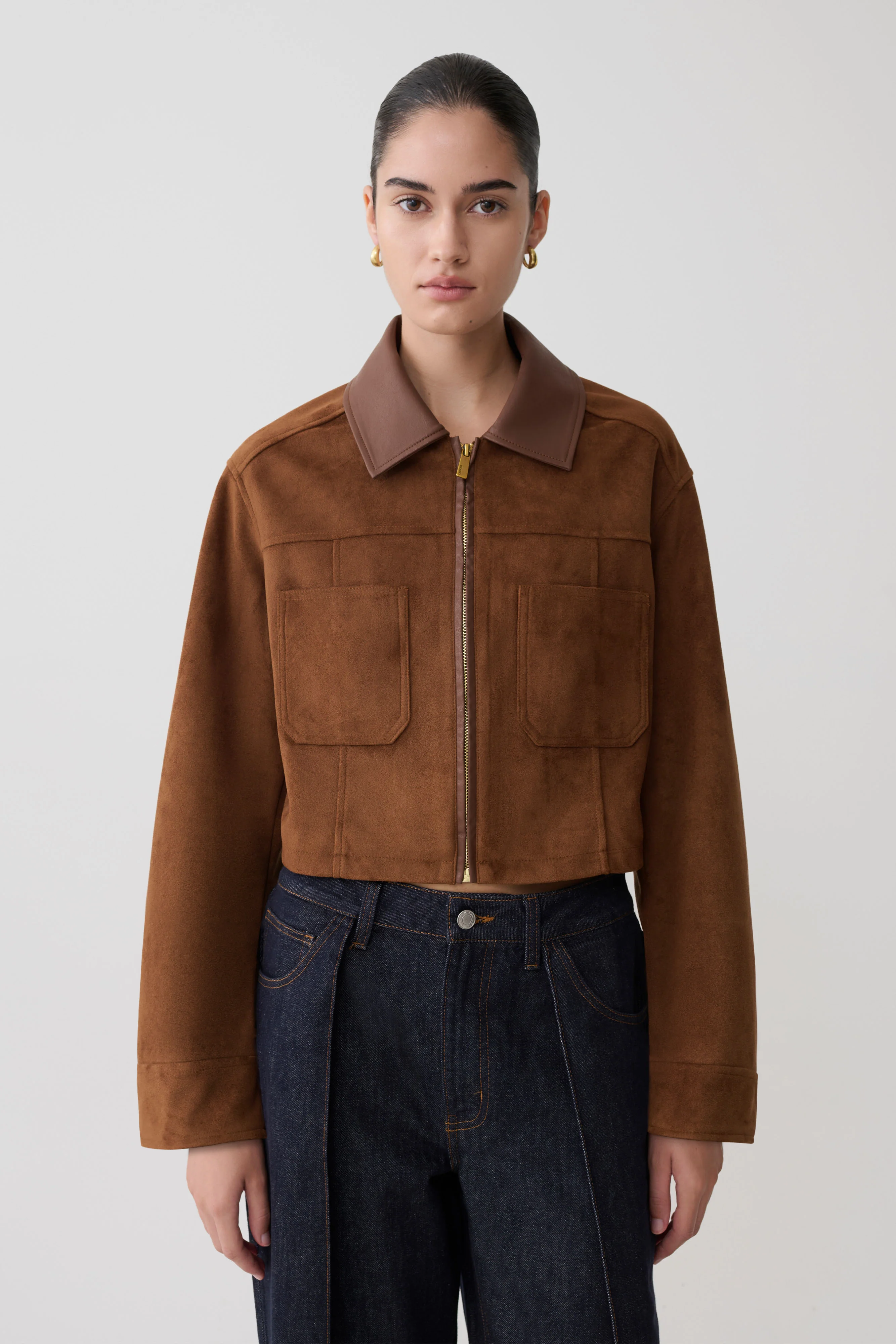 Remy Faux Suede & Leather Collared Jacket - Tan - Image 6