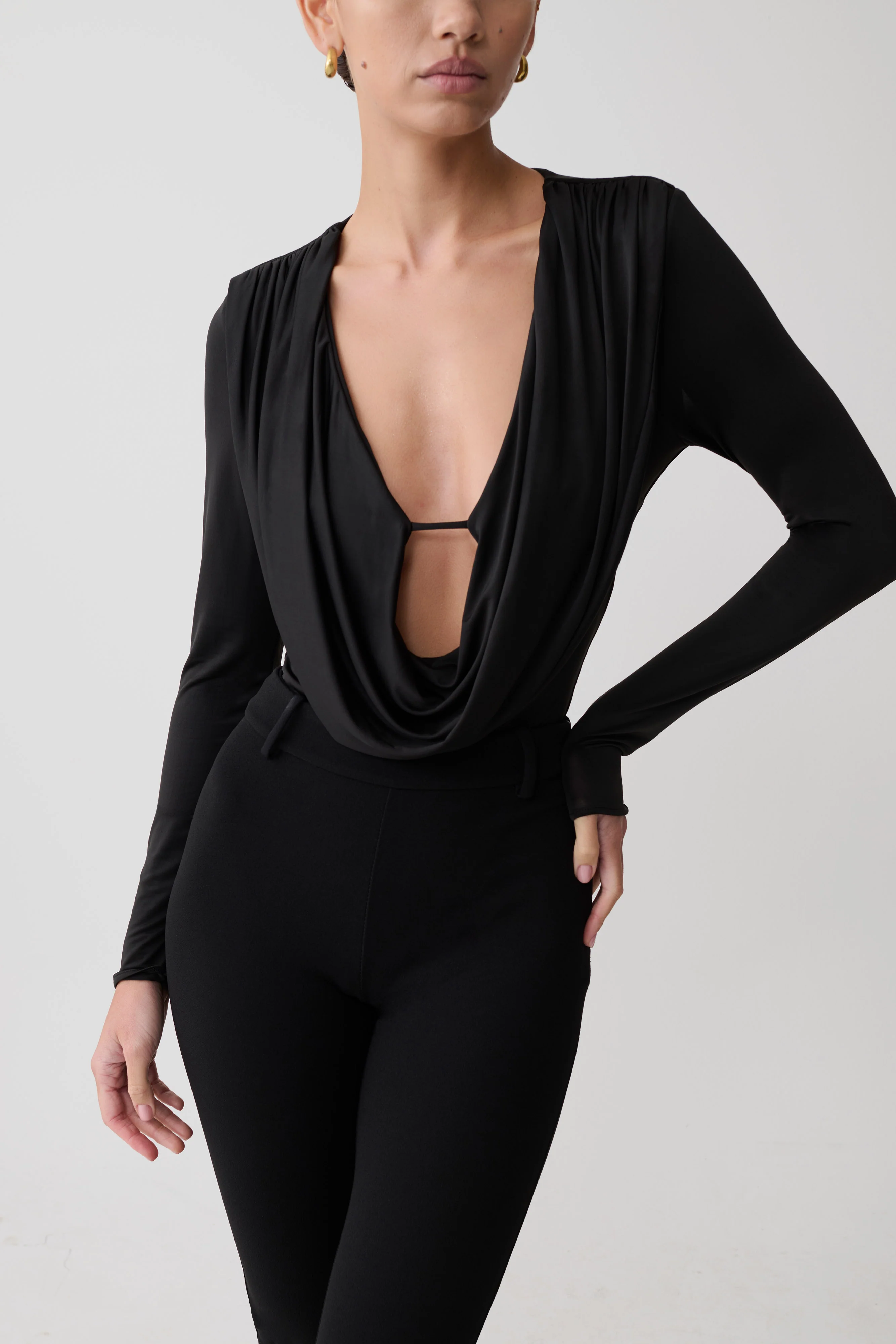 Ren Cowl Long Sleeve Slinky Bodysuit - Black - Image 7