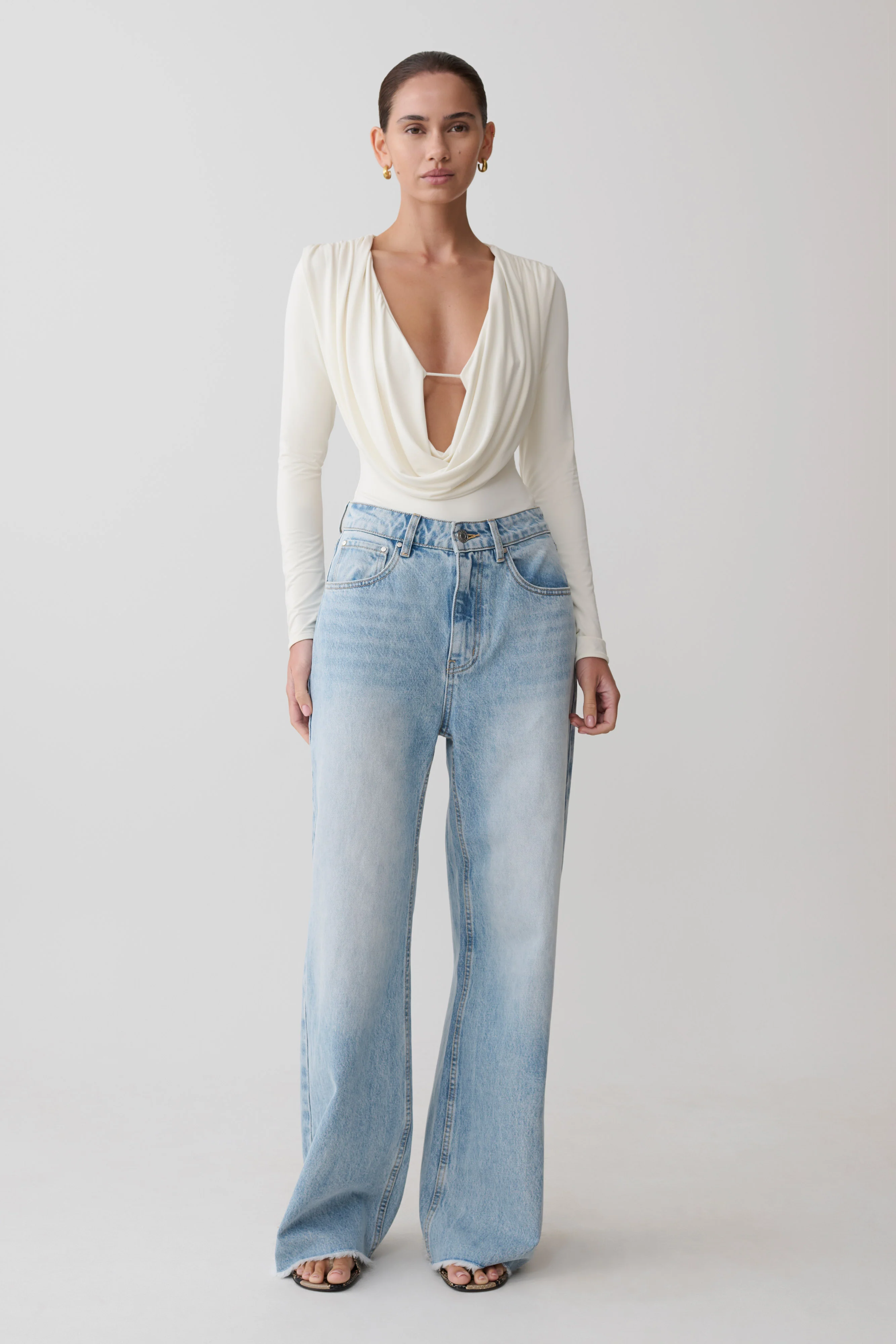 Ren Cowl Long Sleeve Slinky Bodysuit - Ivory - Image 3
