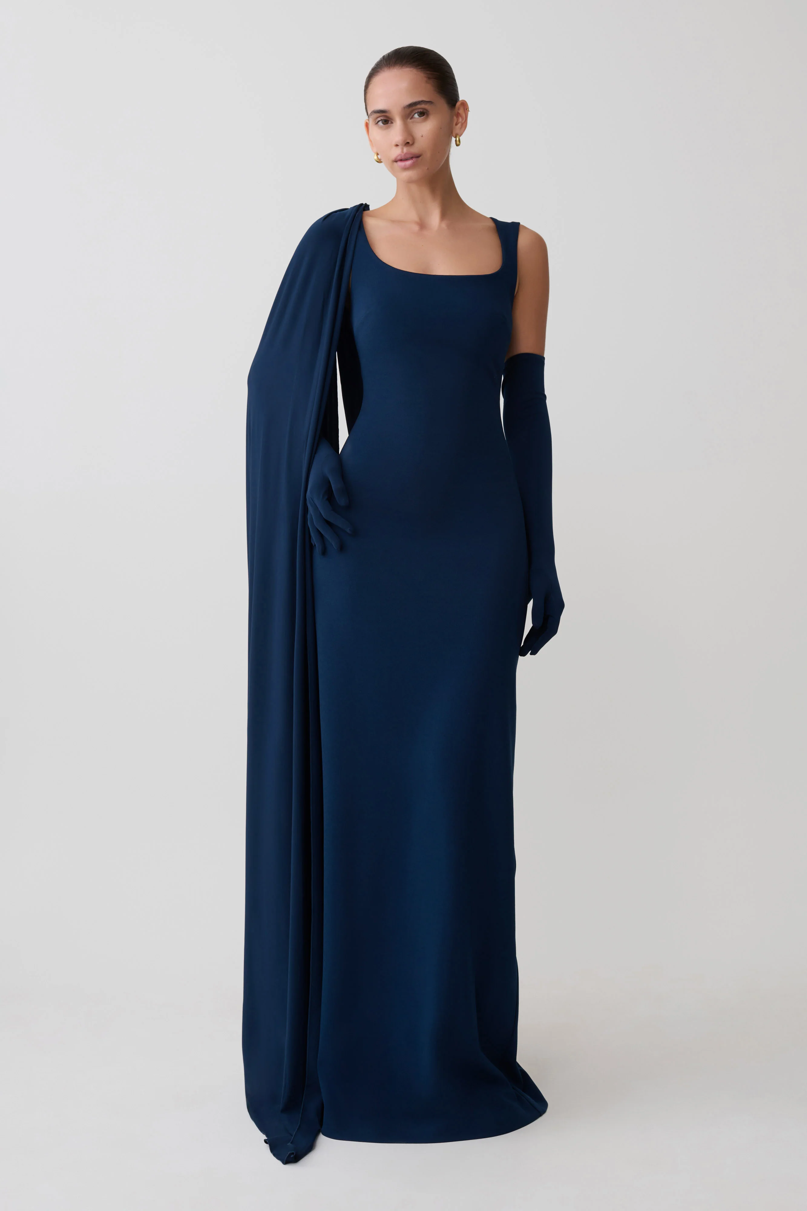 Rhea Detachable Cape Jersey Maxi Dress - Navy - Image 8