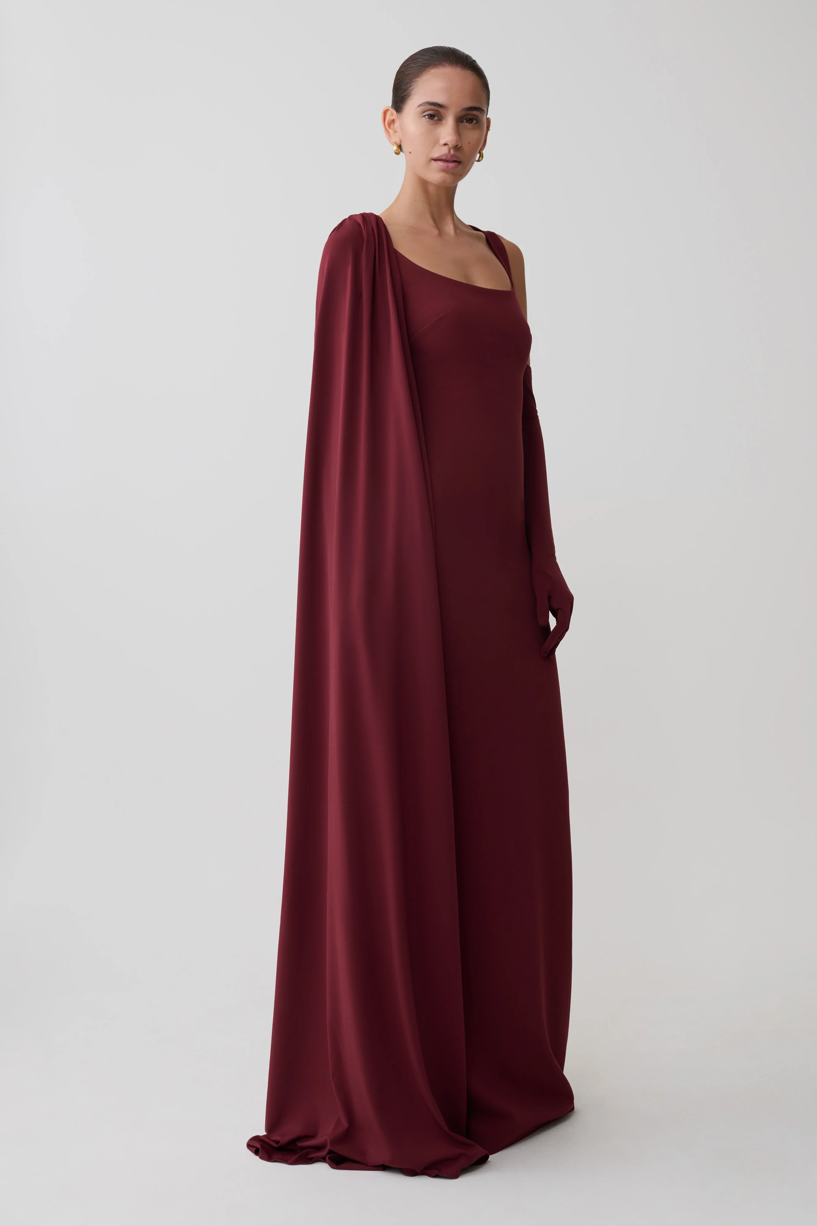 Rhea Detachable Cape Jersey Maxi Dress - Wine - Image 3