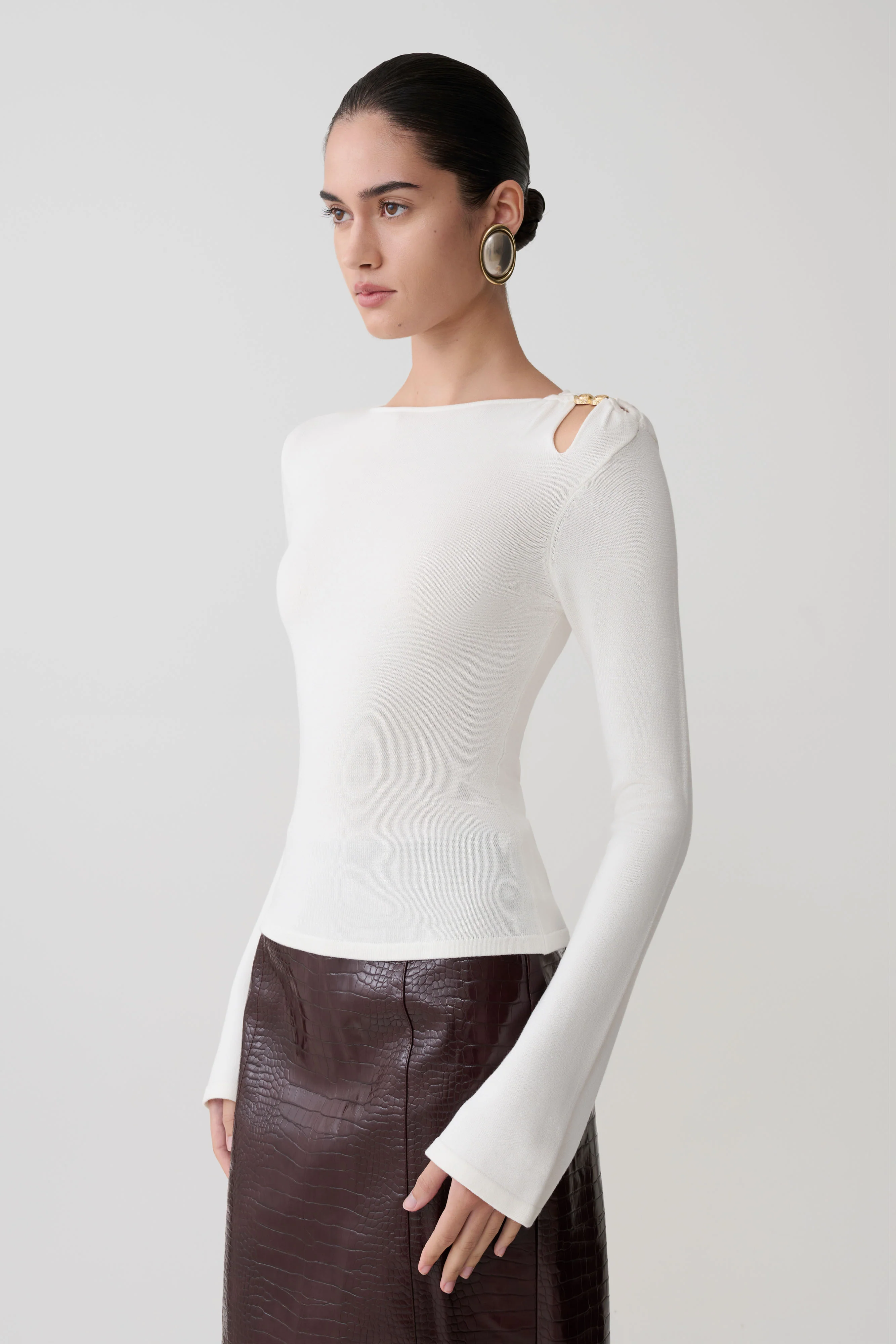 Ricky Knit Long Sleeve Longline Top - Ivory - Image 4