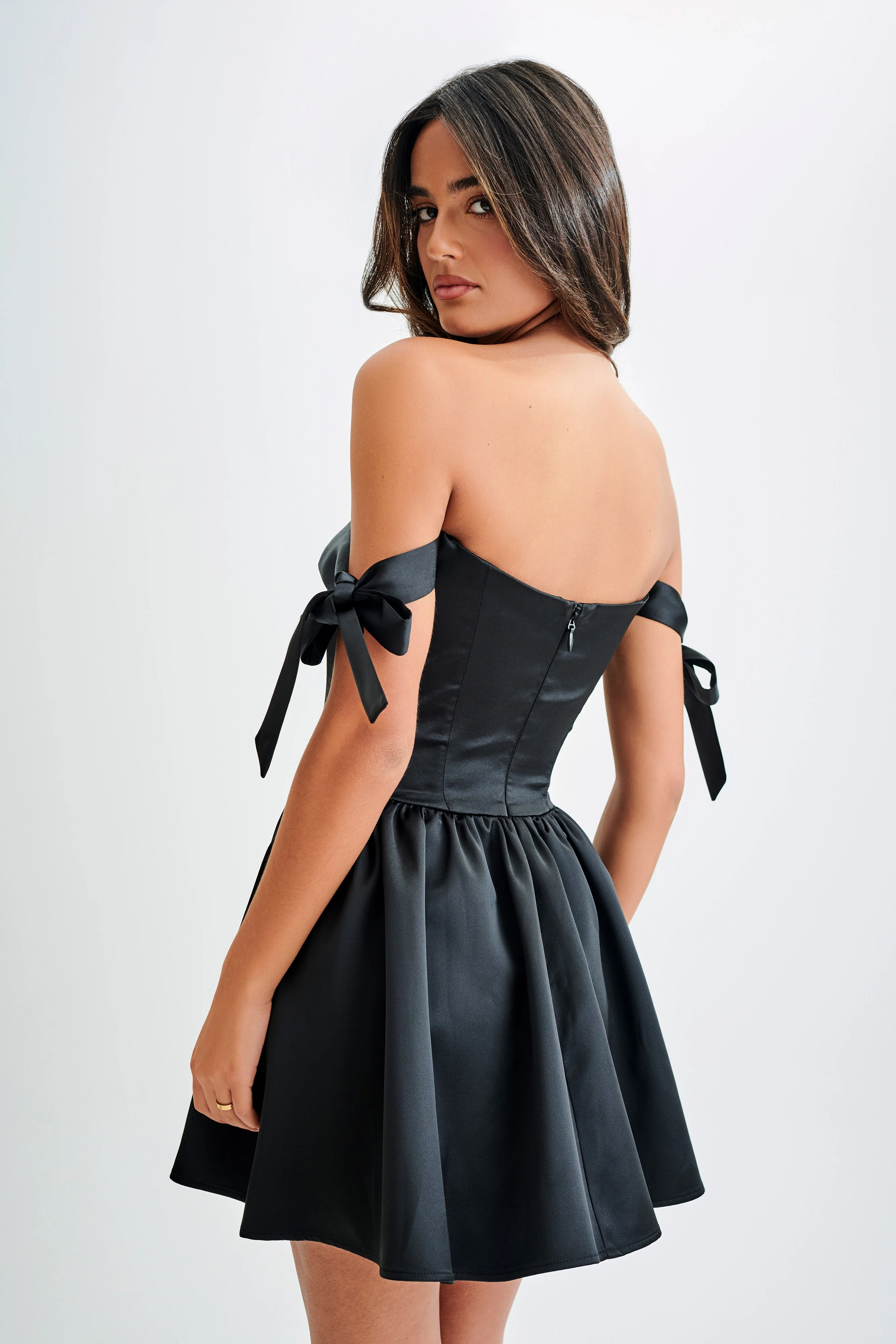 Rita Satin Mini Dress With Bow Sleeves - Black - Image 3