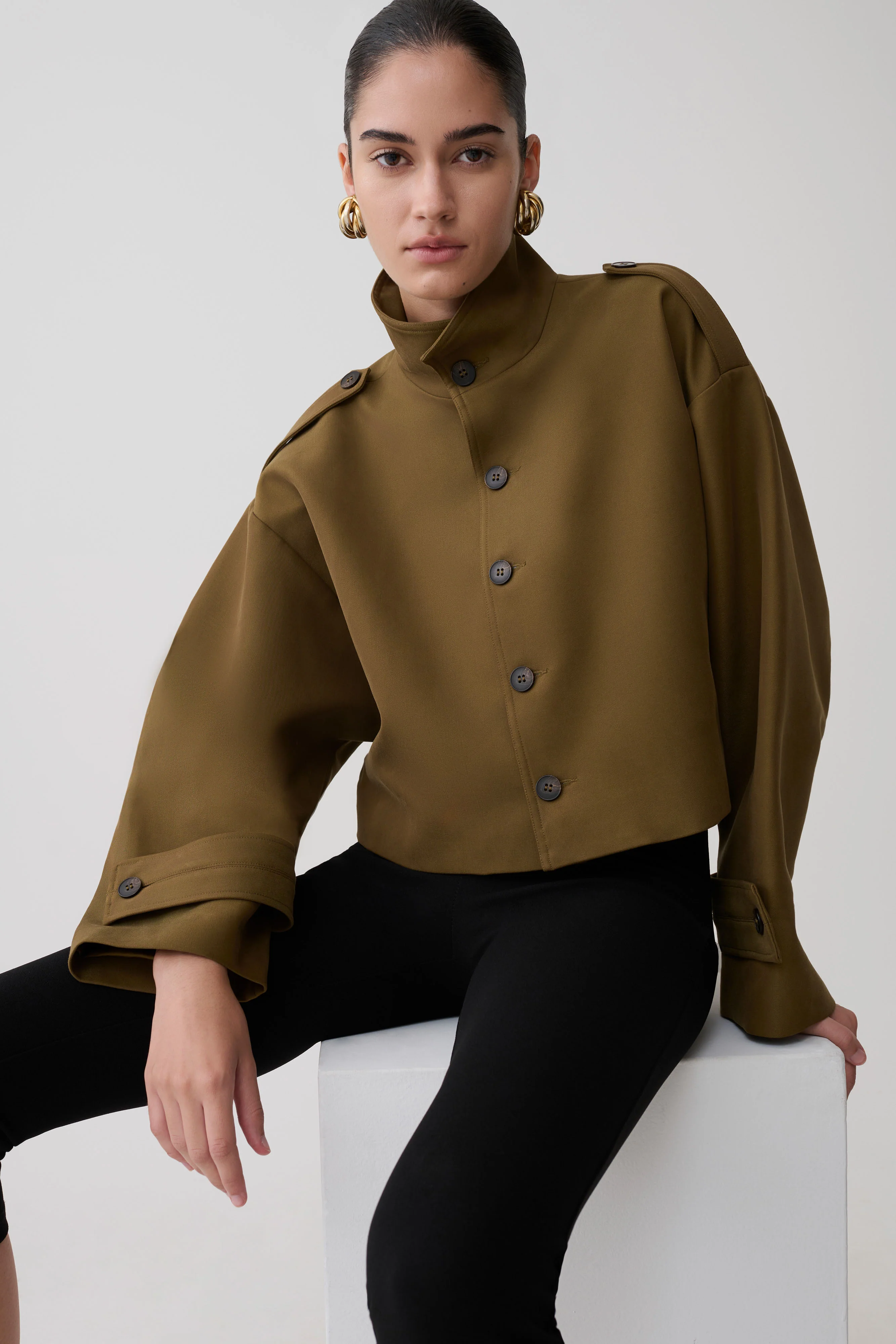 Rue Funnel Neck Bomber Jacket - Khaki - Image 3