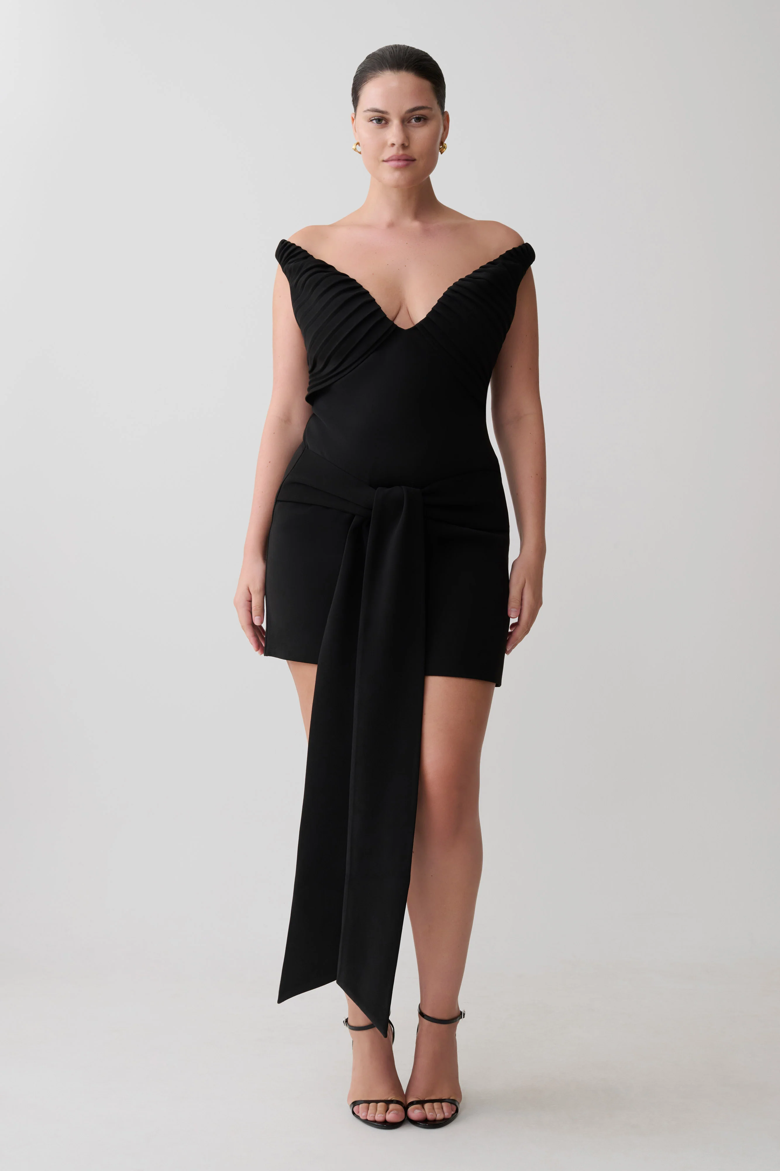 Runa Off Shoulder Mini Dress With Waist Tie - Black