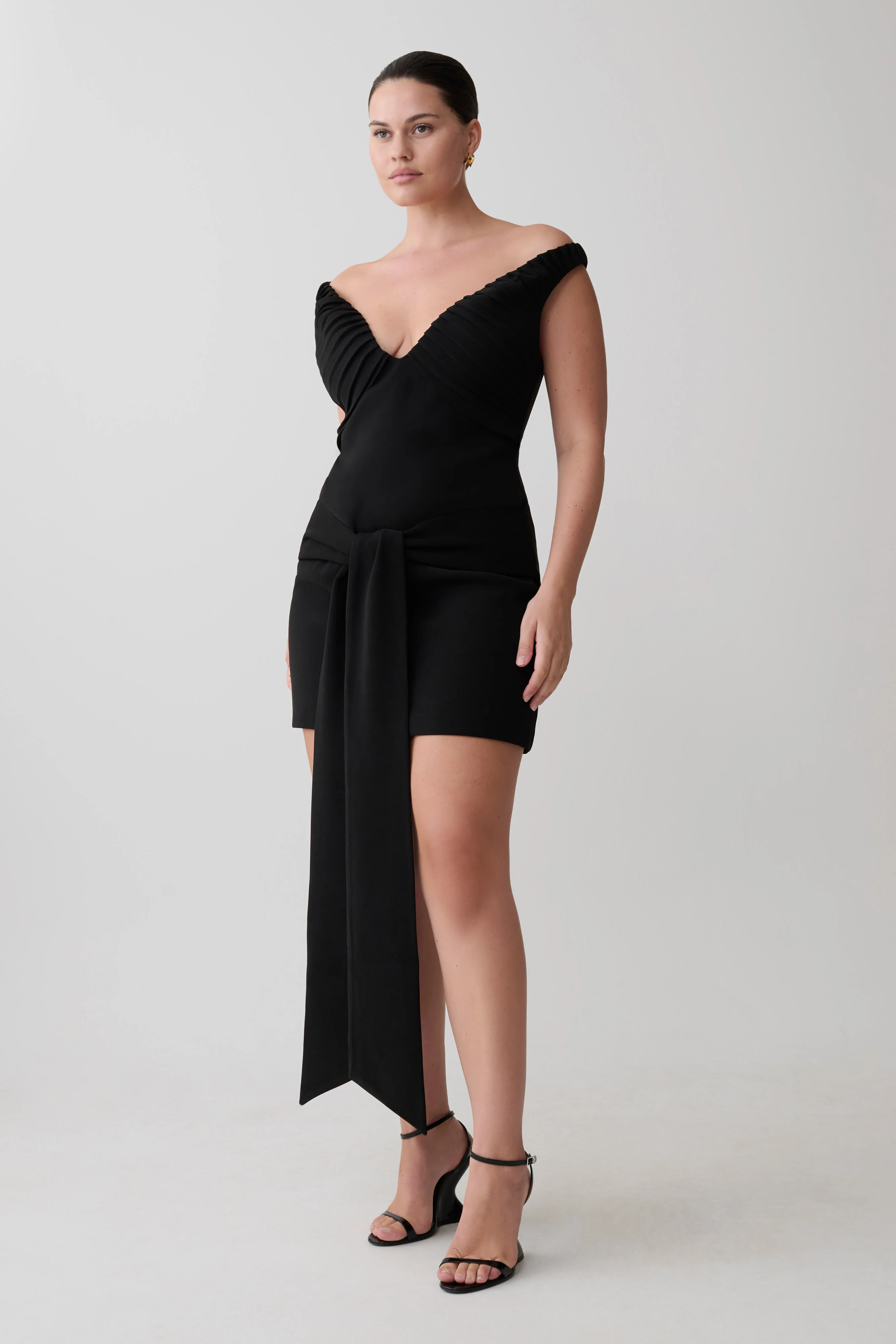 Runa Off Shoulder Mini Dress With Waist Tie - Black - Image 3